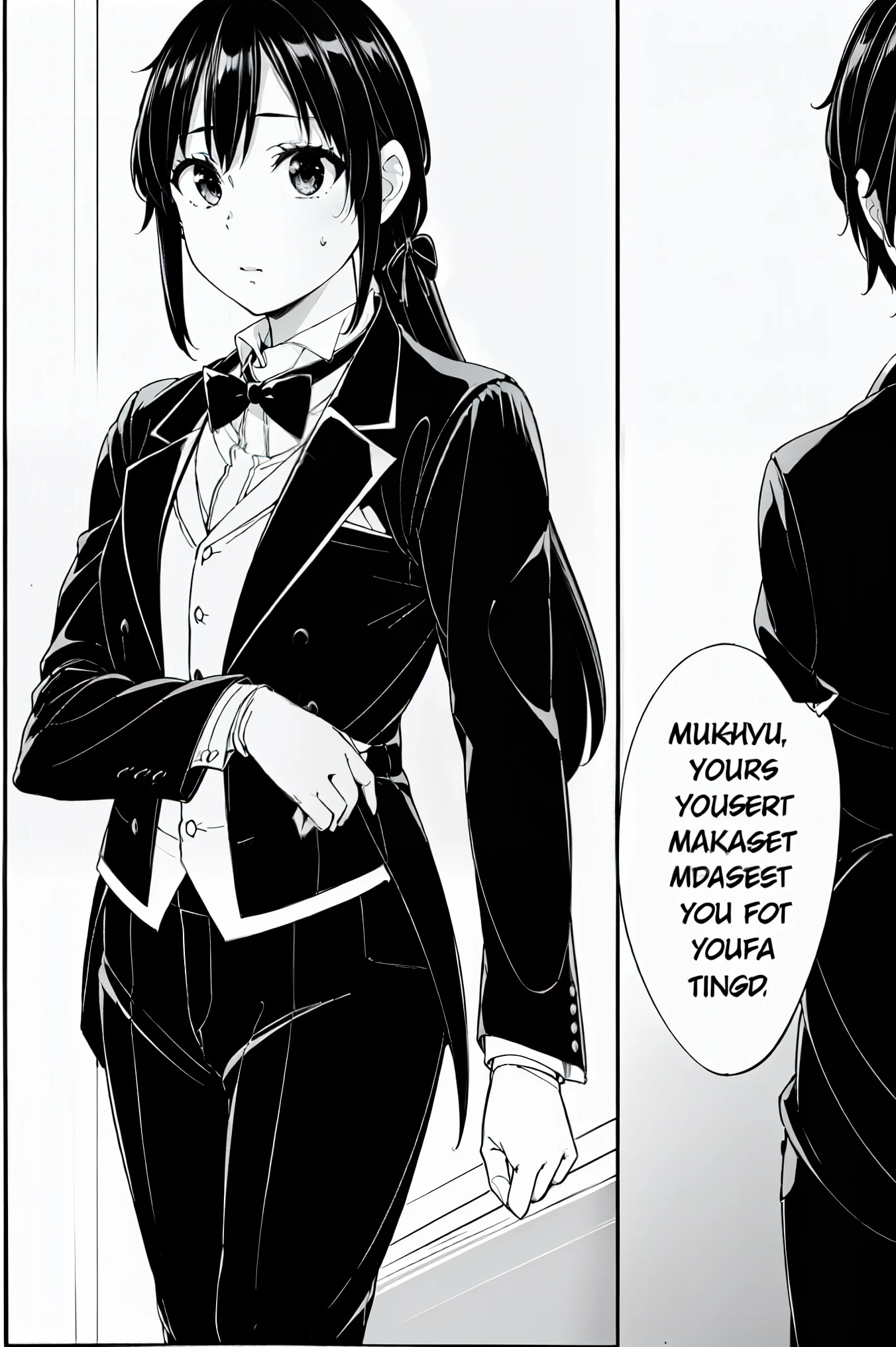 (masterpiece, best quality:1.2), 1girl, solo , yukinoshita yukino,b,classic black tuxedo,crisp tailored suit,sharp edges,perfectly fitted attire,sleek satin lapels,elegant bow tie,swagger,luxurious fabric