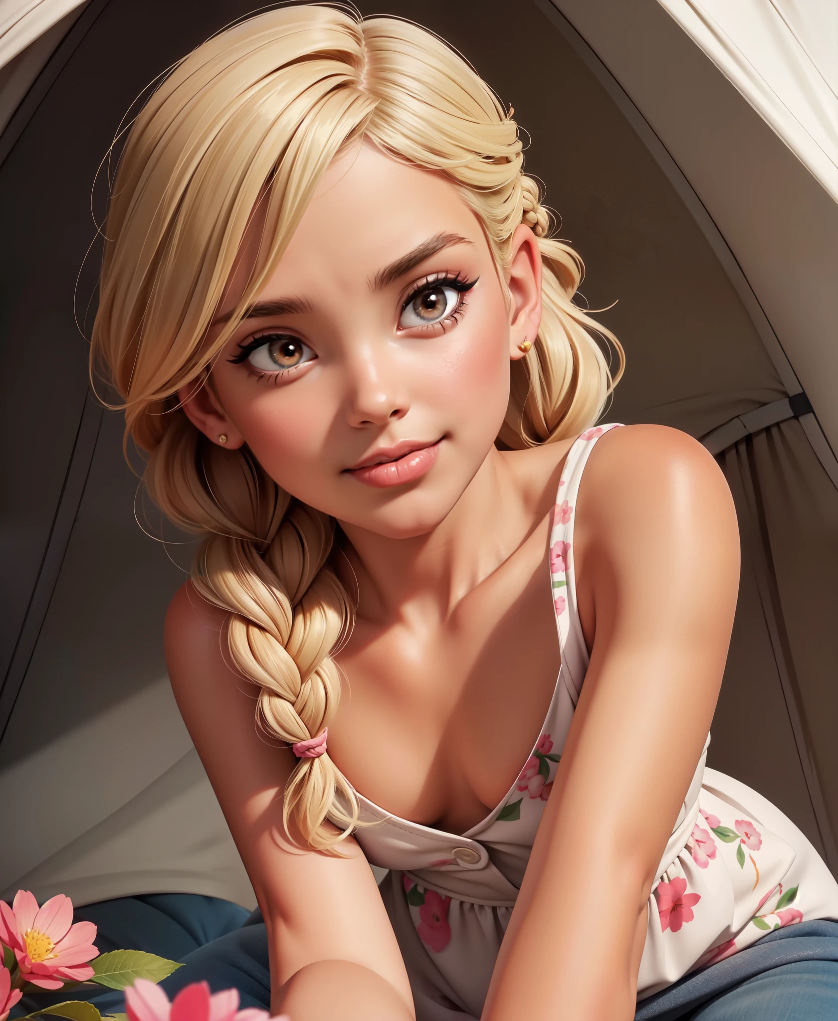 sultry, blush, watercolor style, head tilt, pleased, mascara, lipstick, distinct facial features,blonde, tent, godrays, asymmetrical braid, (close up:1.4), (on all fours), (pov:1.21), floral dress, (nipples), shallow depth of field, vignette, highly detailed, marlier, high quality, best quality,