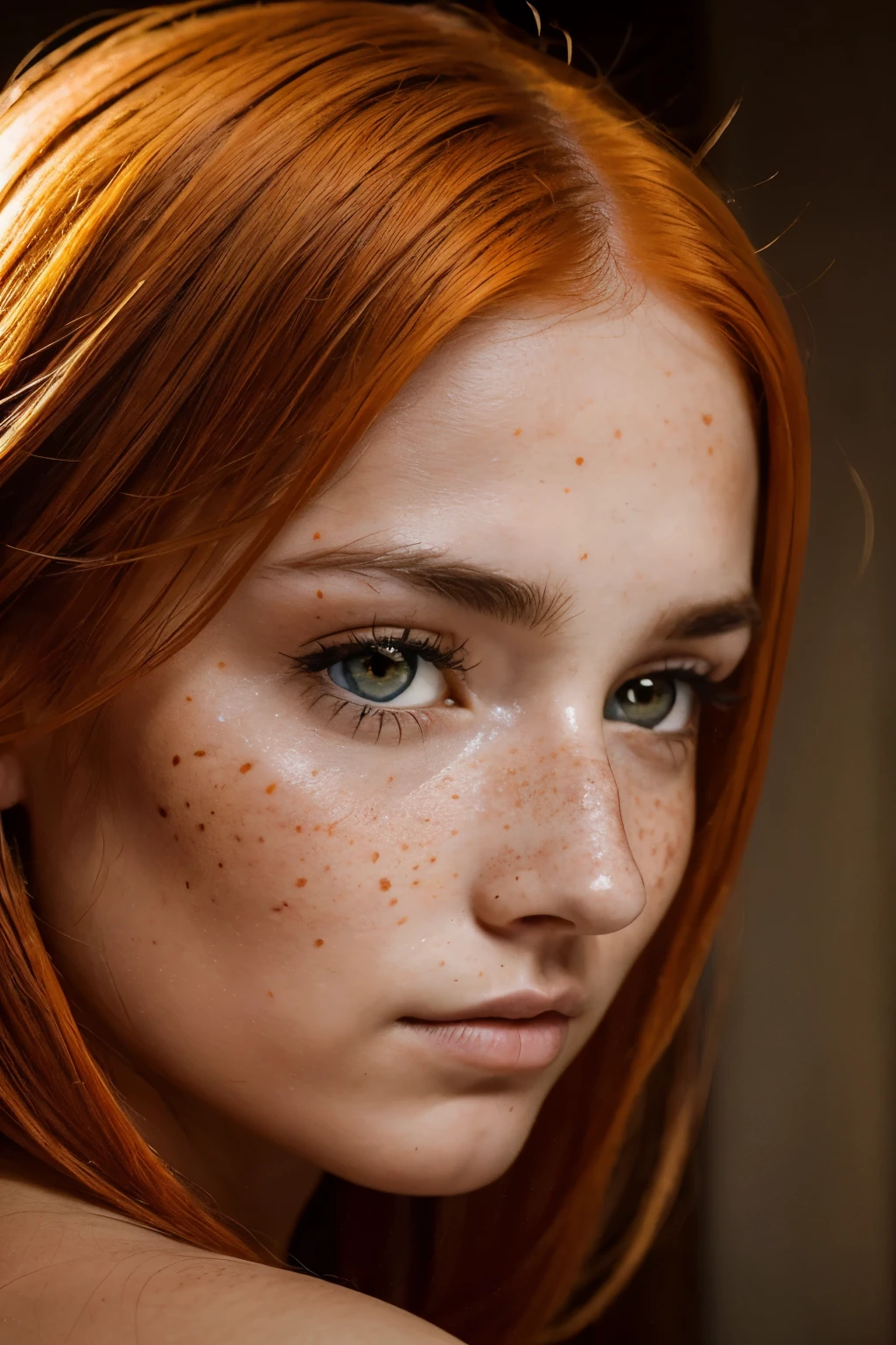 Mujer cautivadora, 23 years old with freckles and loose orange hair.. Symmetrical detailed eyes, textura detallada de la piel y poros, mirada triste, detalles de ojos humedos. The fine details and the play of light and shadow create a feeling of intimacy and intrigue.