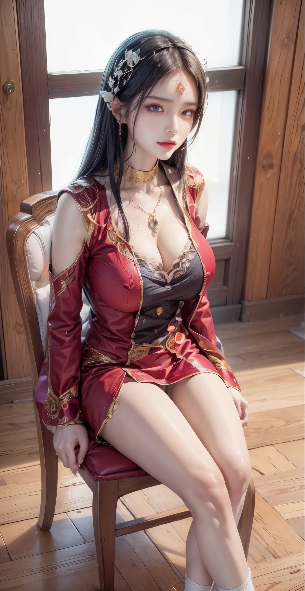 realistic, 1 women , Per HD, 12k, 1080p, wearing Allstars shoes, slim body, rather big body, six pack body, big round breasts, no clothes, beautiful breasts, looking at the camera, sitting on the sofa, transparent and genitals clear, long black hair, face details, person details, body details, clothing details, hair details, body details, body details, breast details, vagina details, clothes, eye details, sweat details, water details, pose (knees bent and feet opened wide) whole body