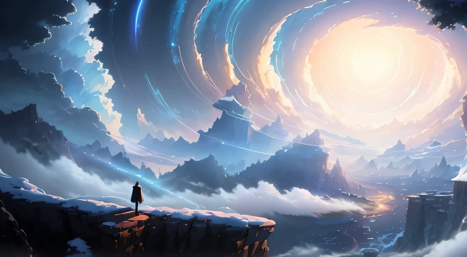 Anime scene of a man standing on a cliff looking at the spiral, background artwork, 4k highly detailed digital art, Atmospheric dreamy sky, anime cloud, anime background, Anime landscape wallpaper, Godrays Digital Painting, Dreamy, anime epic artwork, Makoto Shinkai Cyril Rolando, cold storm, winter concept art, 4k comic wallpaper