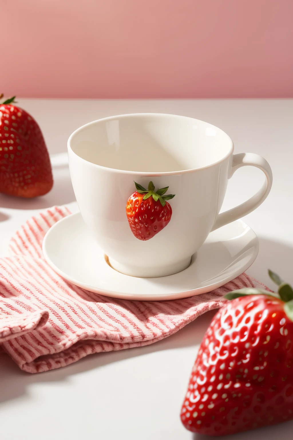 Ceramic cup，Nordic style，The pattern on the cup is strawberry，The pattern is arranged as，The color is strawberry，Background is white，softlight,Front view