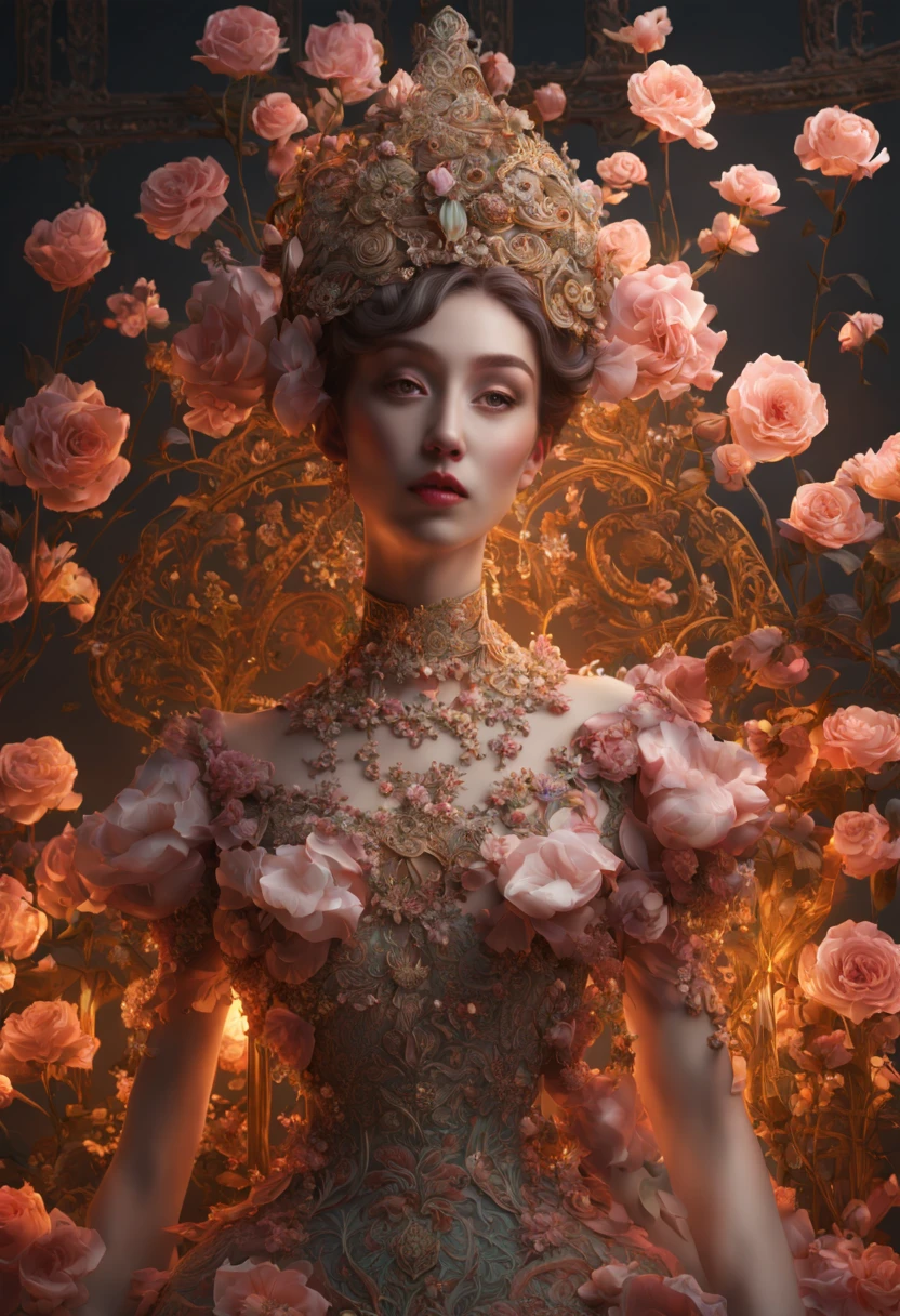 Masterpiece, high quality, queen of the rose flowers kingdom, beautiful female wearing flower suit, a haute couture dress of rose flowers and its petals, curvy features, costume design, octane render, supernatural grandeur, ethereal translucent layers, shimmering natural layers, majestic flowing, timeless sophistication, enigmatic aura, detailed and nuanced brushstrokes, dramatic chiaroscuro lighting, deep tones of peach color, luxurious velvety shadows, luminescent outlines, atmospheric depth, artistic finesse, reminiscent of da Vinci's masterful techniques, natural ornaments, dress flowing like flower petals, whispering enigmas of future eras, avant-garde, a dream, subtle texture, Shot on a Hasselblad medium format camera with a prime lens. Unmistakable to a photograph. Cinematic lighting. Photographed by an award winning photographer, insanely detailed and intricate, hyper maximalist, elegant, dynamic pose, photography, volumetric, ultra-detailed, intricate details, super detailed, ambient, uplight --ar 9:16 --style raw --v 6.0