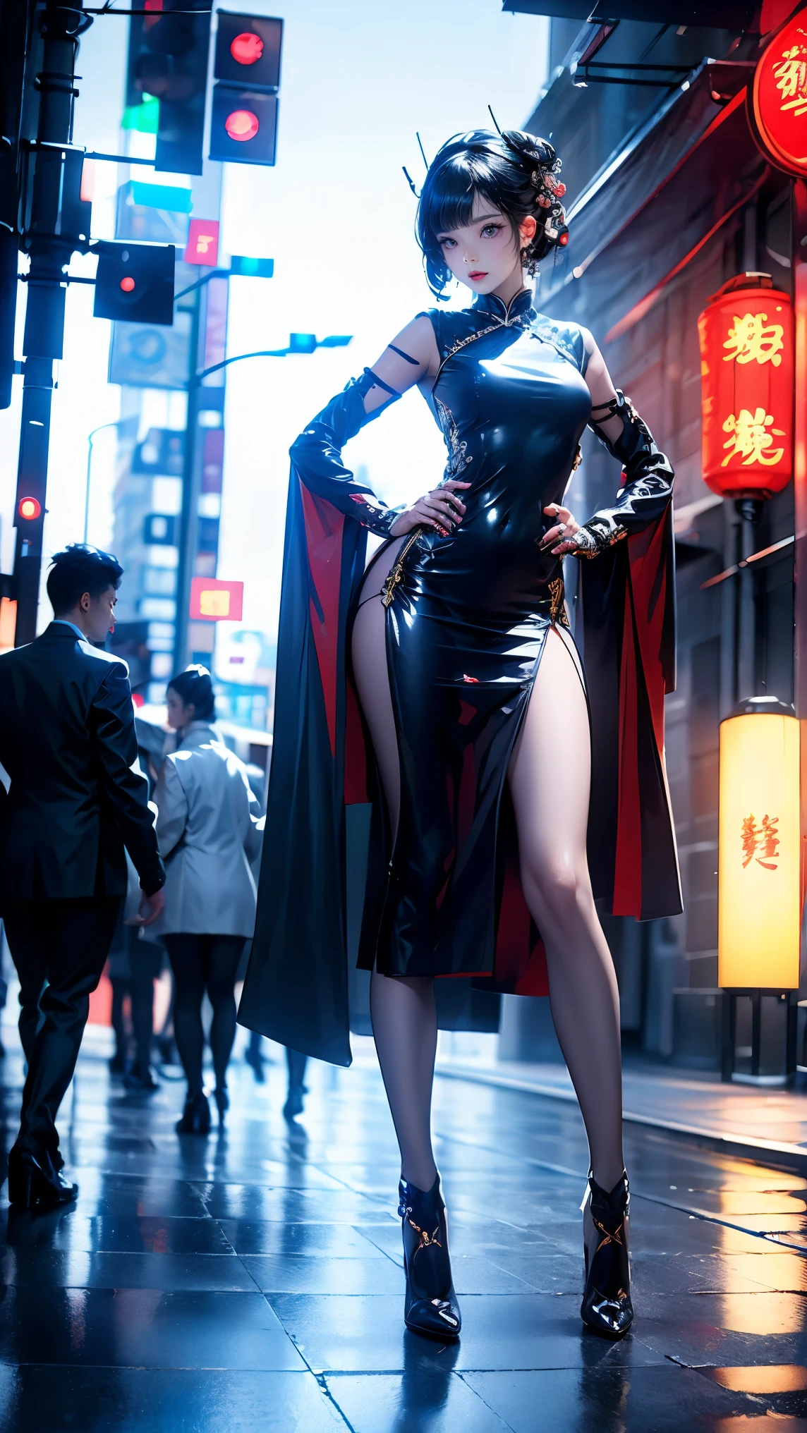 Masterpiece,Best quality,A high resolution, 1girll,From below,(Very thin and straight legs)，,(Very long legs，Straight legs),,High heels,long leges,standing on your feet, Long legs as seen from the front, Perfect body,with perfect legs,(exteriors)，full bodyesbian，cyber punk perssonage，dynamicposes，1girll，Elaborate Eyes，Brown eyes，eye shadows，putting makeup on，long whitr hair， Detailed face， Detailed eyes， looking at viewert， blusher\（putting makeup on\）， full pouty lips， Redlip，（long whitr hair：1.3）， （standing on your feet）Mechanically static，Mechanical summoning，(hair adornments:1.1)，head gear，Chinese outfit，on cheongsam，Cyberhanfu，Manteau blanc，City，Luminescent windings，Glowing butterflies，Cyberpunk lights:1.1)，neonlight，Fully mechanical and futuristic elements，technologies，The background is a traditional Chinese street，china town， the street， Skysky， cyber punk perssonage， paper lanterns， Neon Super Resolution，（Realism：1.3），1（Slim：1.2），dramatic lights，vibrant detail，Luxurious cyberpunk，the complex background，rendering by octane，