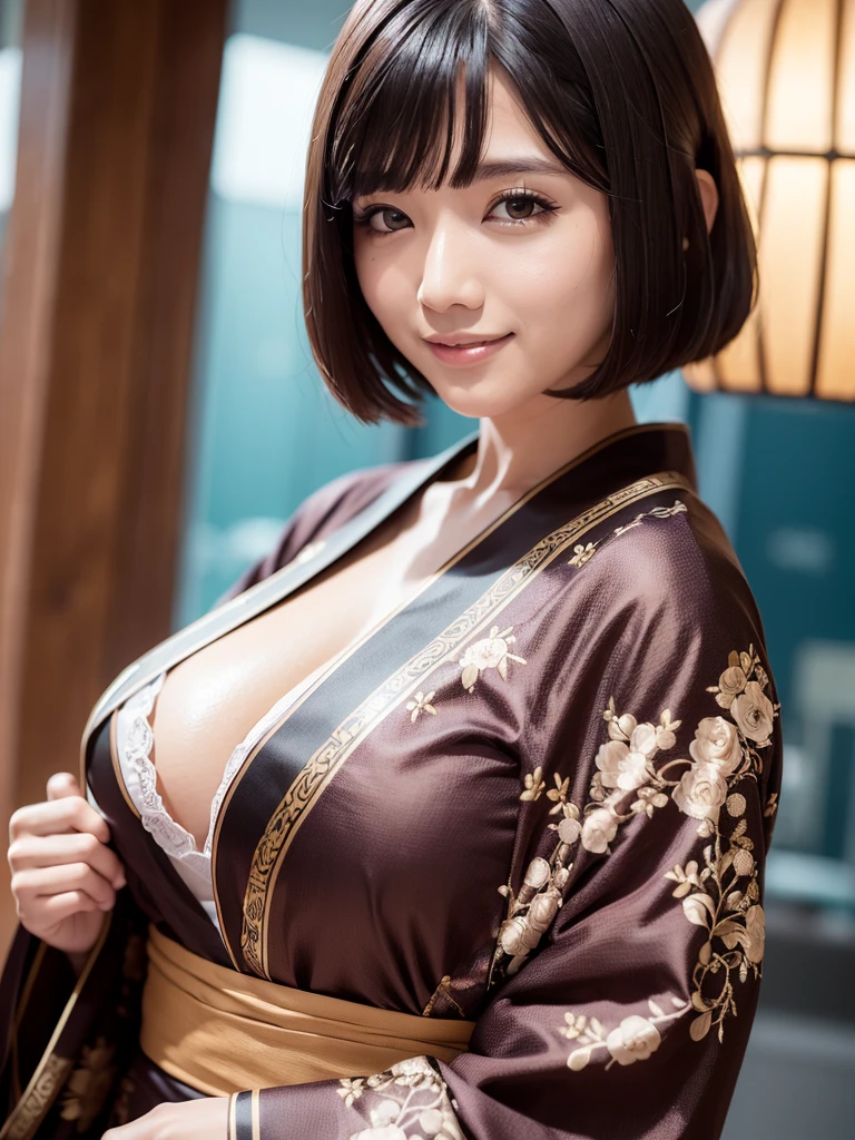 (masterpiece, best quality, ultra detailed), (shaped face), (brown eyes), (gigantic breasts:0.9),(upper body) (yukata, shirt), black hair, bob cut hair, (parted lips, smile),night, festival