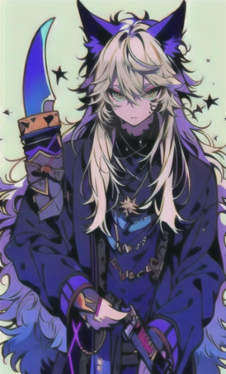 solo, 1boy,「white hair,cerulean blue」long hair, Demon knife, {{nighthawk mask}},  There&#39;s a man wearing a costume, {fox tail,}Apparition {one wing} Farson!!!!, furry Farson, furry characters, furry anime, Farson, furry paws furry, Furry shots, there is nothing, very hairy, furry artist, upright, [[[Anthropomorphic Nue]]] virtual youtuber, full body