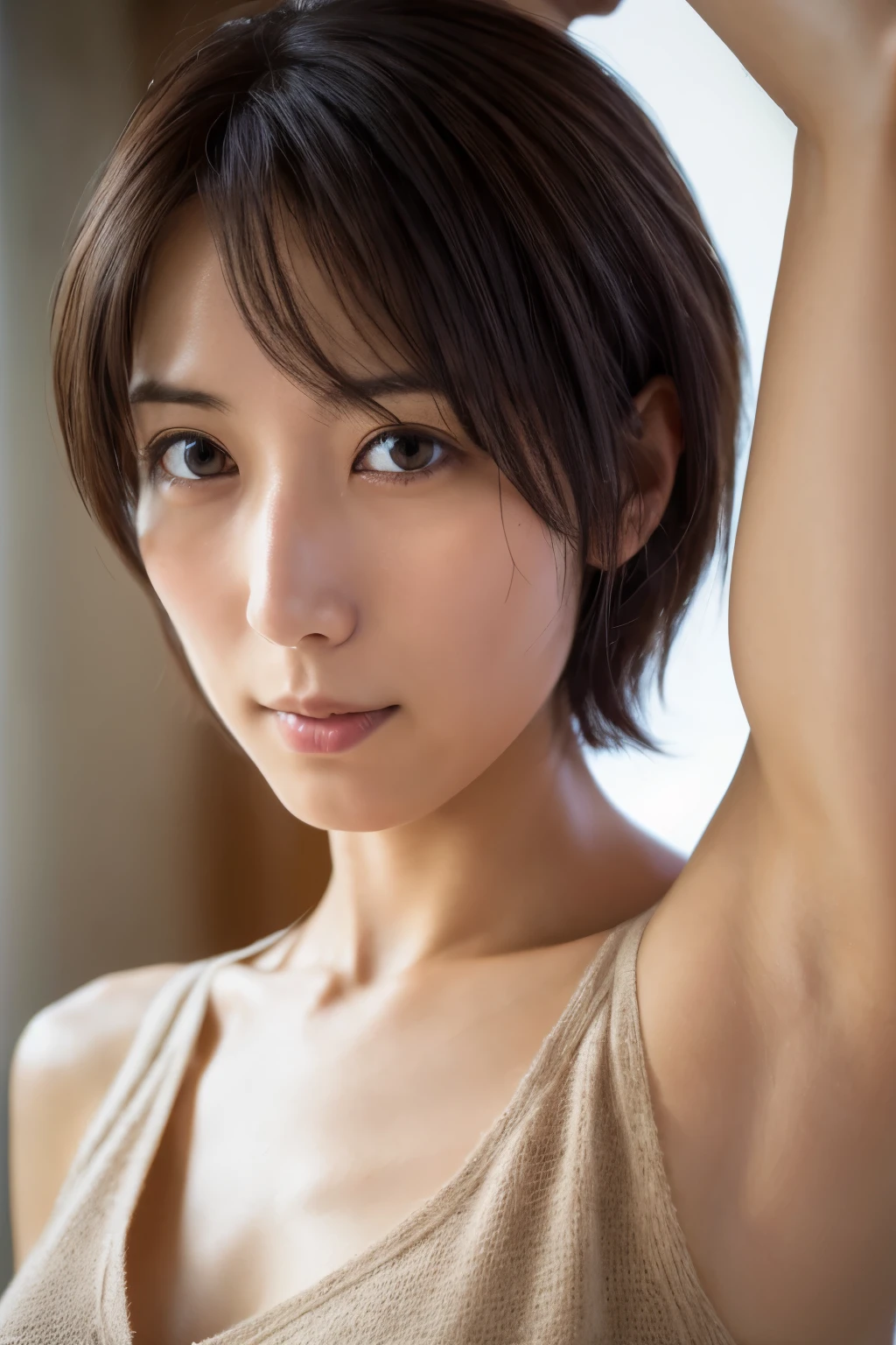 Ultra Real, High Definition, 8K, High Definition, Best Photo, Skinny Japanese lady, Beautiful Detailed Eyes, Best Quality, Ultra Detail, Masterpiece, Detailed Face, Sweaty, Upper Body Up, Armpits, Short Hair, Sleeveless Sweater, Alone, Small breasts, Camel toe