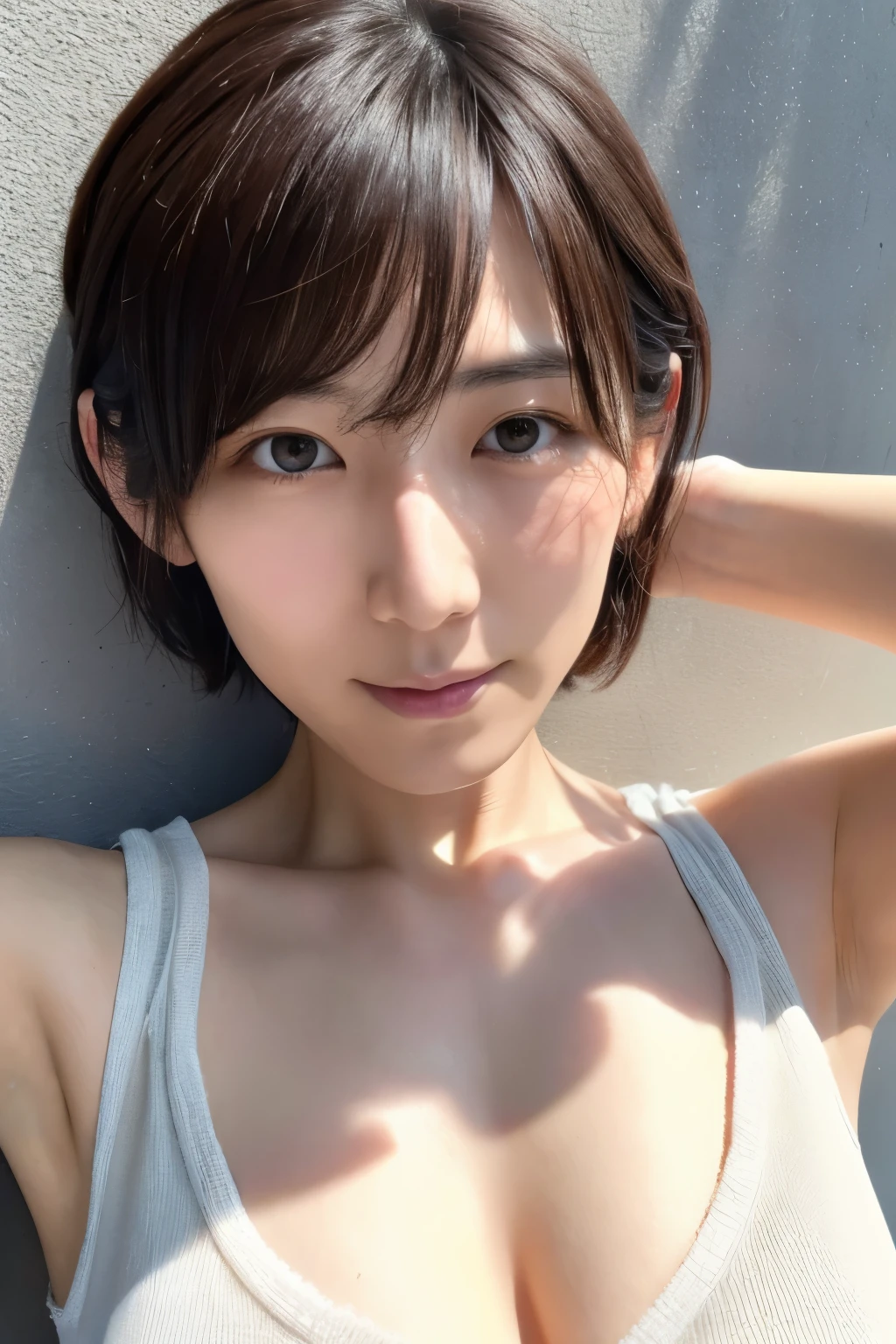 Ultra Real, High Definition, 8K, High Definition, Best Photo, Skinny Japanese lady, Beautiful Detailed Eyes, Best Quality, Ultra Detail, Masterpiece, Detailed Face, Sweaty, Upper Body Up, Armpits, Short Hair, Sleeveless Sweater, Alone, Small breasts, Camel toe