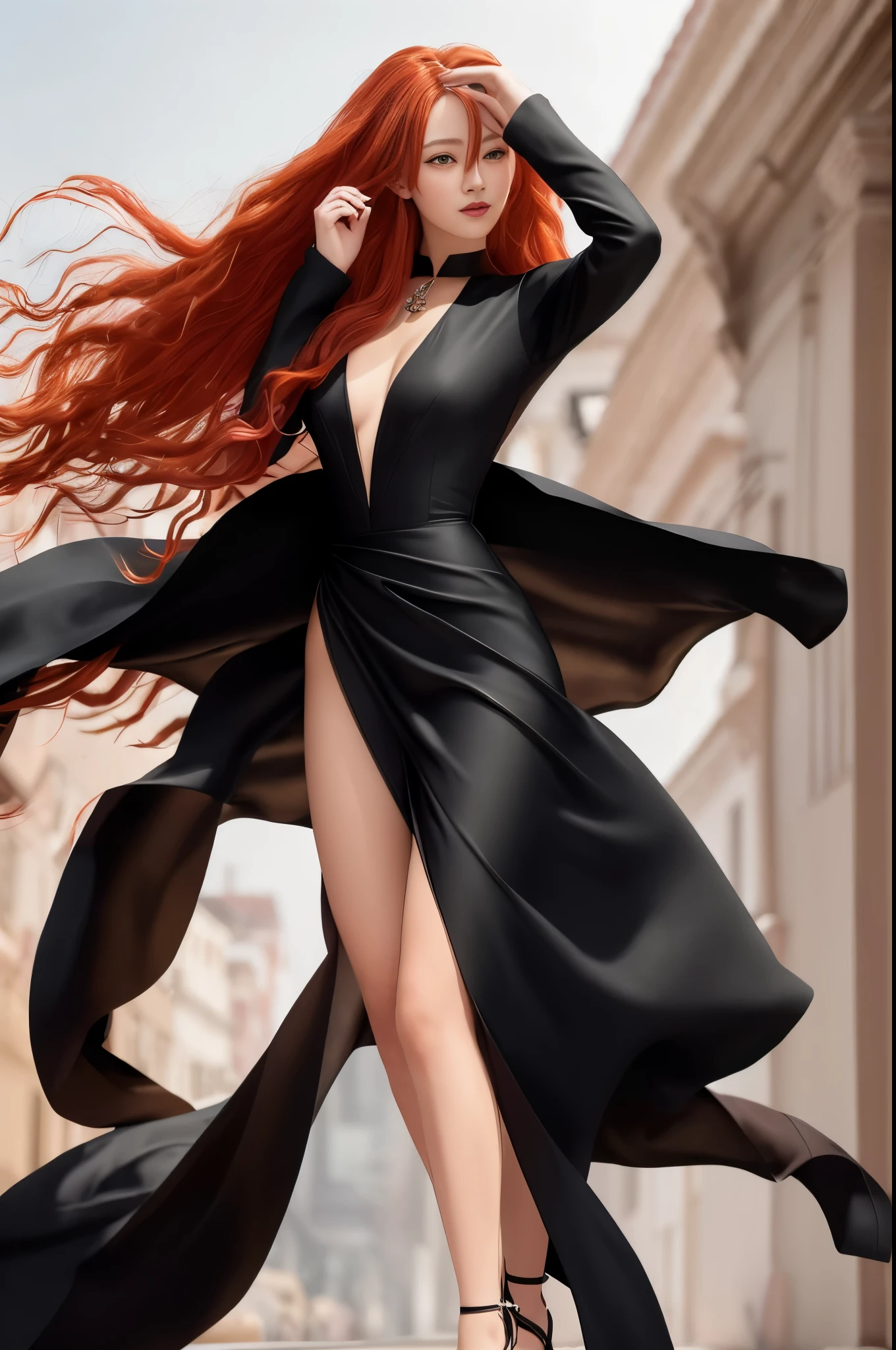 arafed woman in a black dress posing for a picture, beautiful woman in a black dress, wearing a long dress, long ginger hair windy, red waist-long hair, redhead woman, very long flowing red hair, very long wavy fiery red hair, long curl red hair, an elegant woman in black dress, with long red hair, wearing an elegant dress