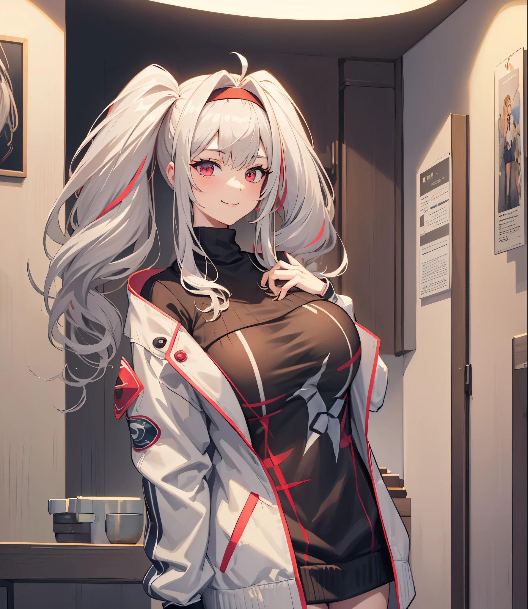 (extremely detailed CG unity 8k wallpaper), (((masterpiece))), (((best quality))), ((ultra-detailed)), (((illustration))), (best shadow), ((an extremely delicate and beautiful)), (detailed light), (well designed face), amazing face, (super detailed), cinematic shot, beautiful detailed eyes, detailed background, 1girl, ((gray hair)), multicolored hair, ((red eyes)), ((short twintails)), (headband), huge breasts, firts rate breasts, first rate female bodies, (sweater), white jacket, open jacket, upper body, inside a cafe, interior design, bewitching thighs, smile, cowboy shot, ((:3)),