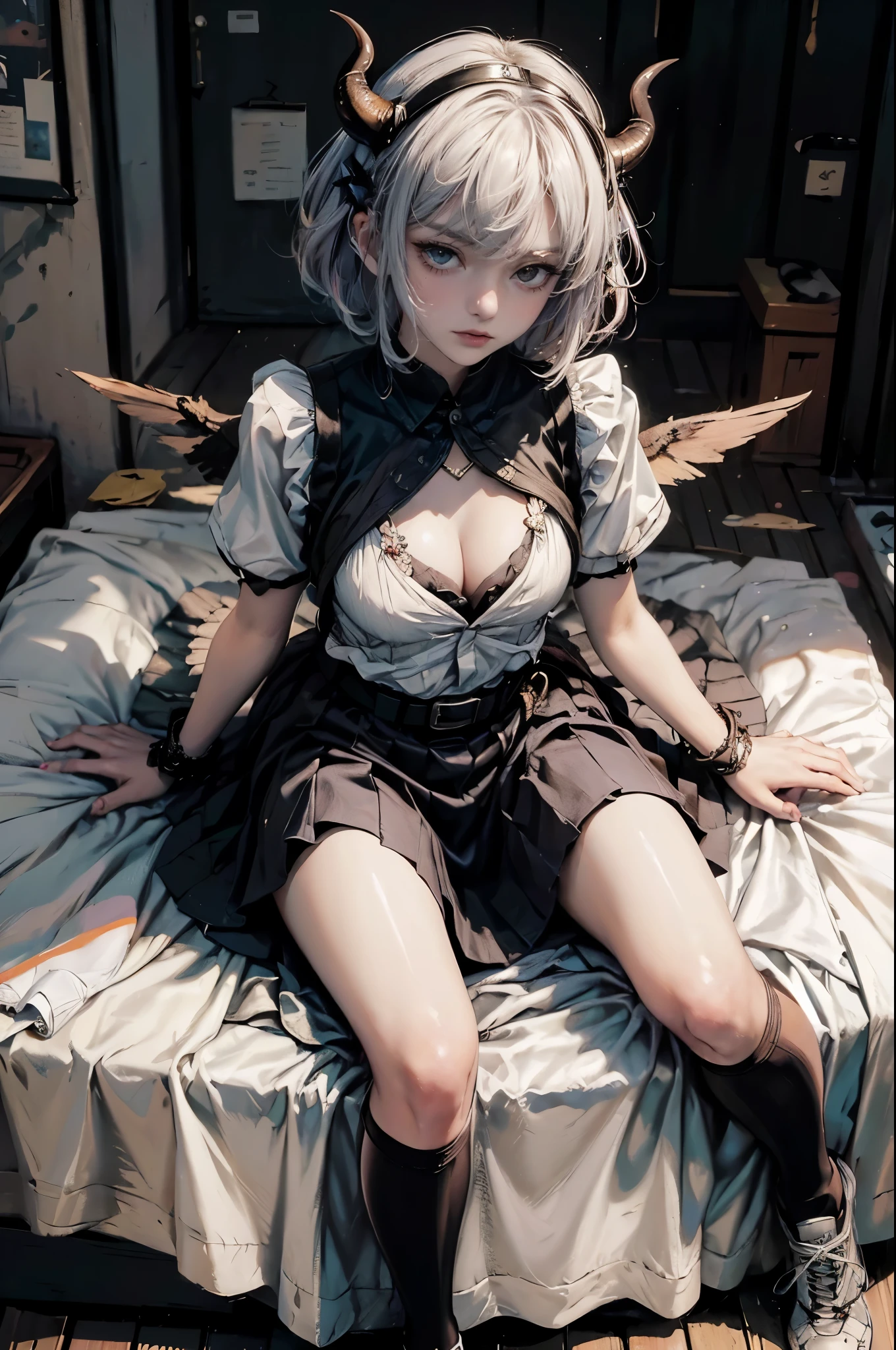 female, ((masterpiece, best quality, ultra detailed, absurdres),  solo, short hair, breasts, looking at viewer, hime cut, ringed eyes, skirt,gradient hair, raibow hair,bow, cleavage, medium breasts, full body, short sleeves, socks, belt,  black footwear, mole, sneakers, lips, maid, maid headdress , bed,hornsgirl, horns, wings, from_side, taking off shirt, open shirt, from above