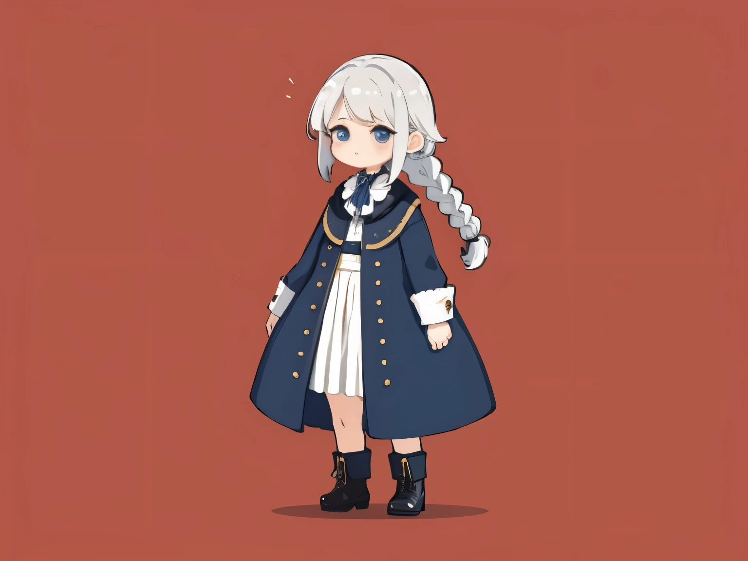 1 girl, Stand with your body facing forward., mouth is closed, ((highest quality, expensive_solve, clear_image)), (white hair), bob style, braid, (blue eyes), (Wear boots on your feet), coat and dress, ((concept art)), Little, mini, very short height, no background