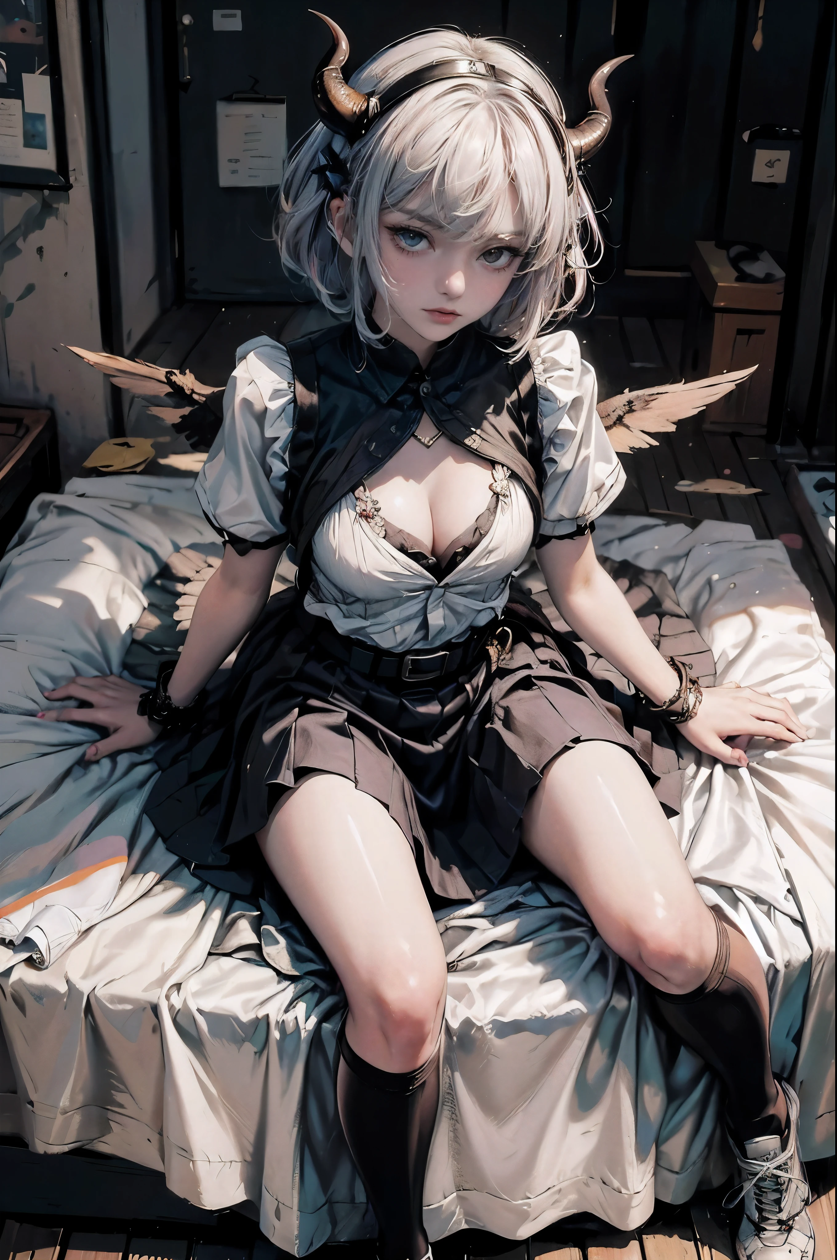 female, ((masterpiece, best quality, ultra detailed, absurdres),  solo, short hair, breasts, looking at viewer, hime cut, ringed eyes, skirt,gradient hair, raibow hair,bow, cleavage, medium breasts, full body, short sleeves, socks, belt,  black footwear, mole, sneakers, lips, maid, maid headdress , bed,hornsgirl, horns, wings, from_side, taking off shirt, open shirt, from above