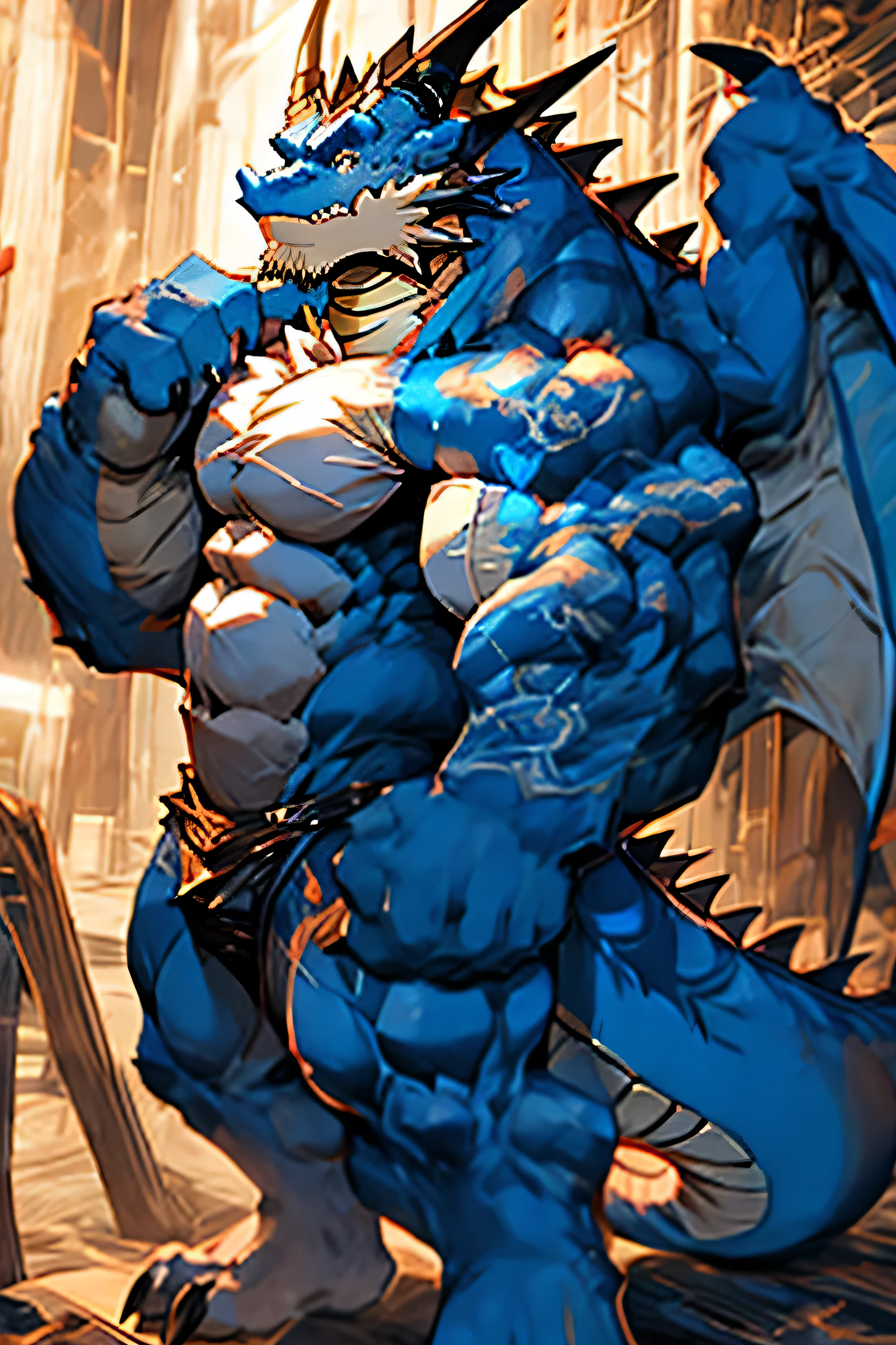 alone, male dragon, stand up, wide face, broad shoulders, muscular, Strong, High, huge, big biceps, Large pecs, blue body, blue skin, red eyes,Detailed crotch, huge凸起，blue body,white belly，Ancient male dragons had long hair，Half of the body is exposed，Strong build，Dragon horns and claws，fangs，Highest quality