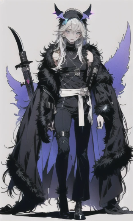 solo, 1boy,「white hair,cerulean blue」long hair, Demon knife, {{nighthawk mask}},  There&#39;s a man wearing a costume, {fox tail,}Apparition {one wing} Farson!!!!, furry Farson, furry characters, furry anime, Farson, furry paws furry, Furry shots, there is nothing, very hairy, furry artist, upright, [[[Anthropomorphic Nue]]] virtual youtuber, full body