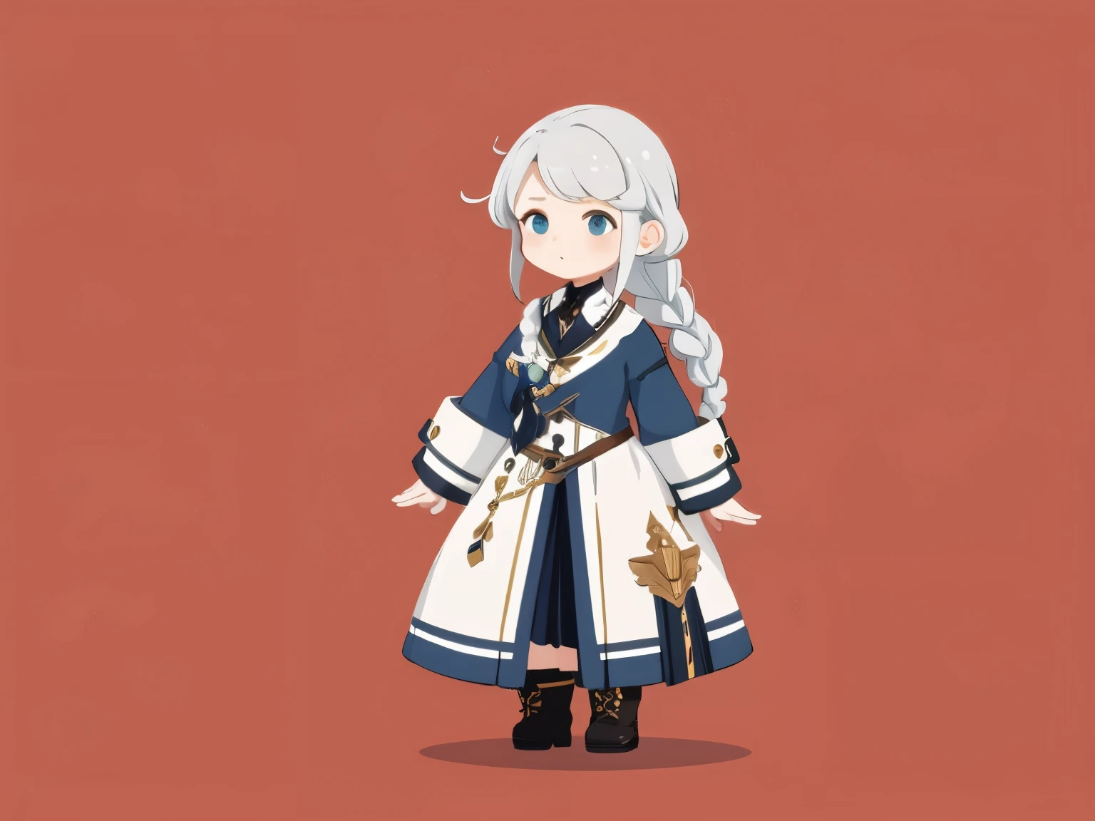 1 girl, Stand with your body facing forward., mouth is closed, ((highest quality, expensive_solve, clear_image)), (white hair), bob style, braid, (blue eyes), (Wear boots on your feet), coat and dress, ((concept art)), Little, mini, very short height, no background