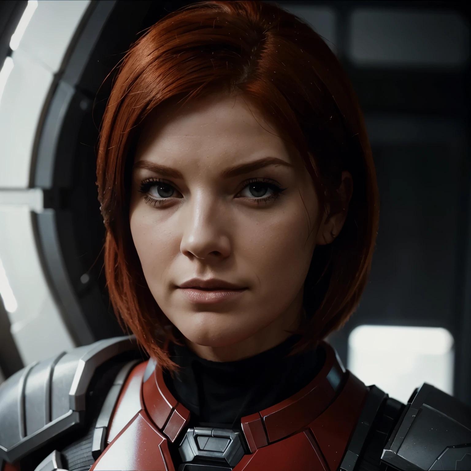 Red head femshep, mass effect, up close portrait, 