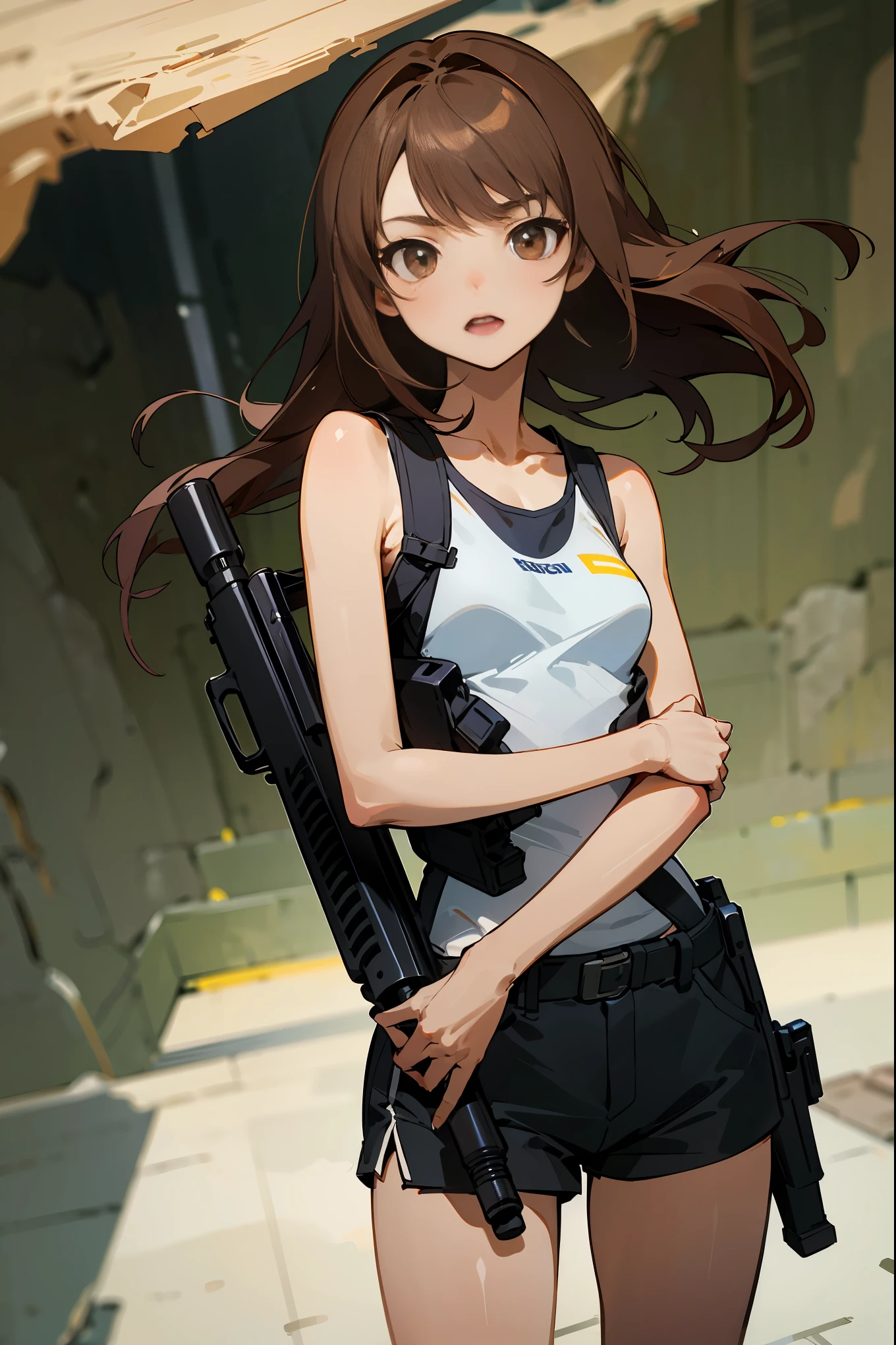 ((fine lineart)), (masterpiece,best Quality),extremely beautiful detai led anime face and eyes,cowboy shot,gal.safetensors,20-year-old、Beauty,solo, brown hair,long hair,brown eyes,Small open mouth、slender body,very small head、medium breasts,brown skin,gleaming skin,oily skin,shiny skin,walk carefully、Battle preparation、tactical vest、hold an automatic rifle with both hands、white tight tank top、black micromini shorts,In a dark cave、rocky place、