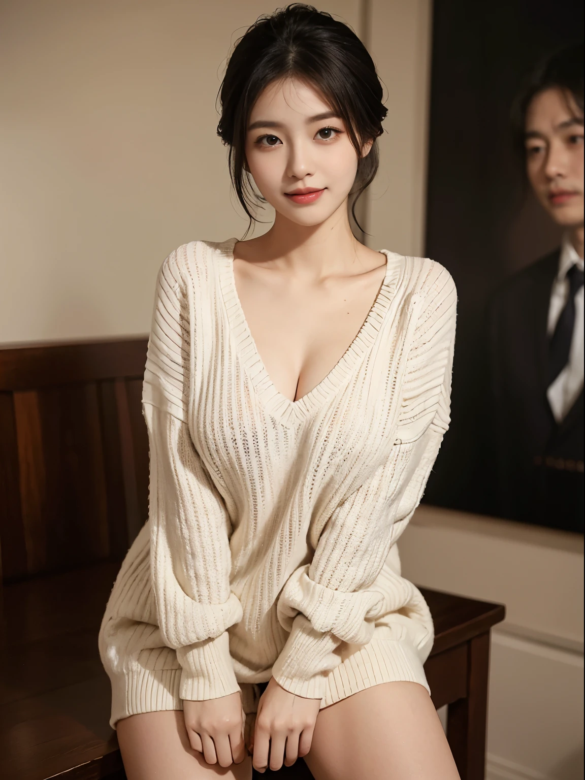 body、Full body Esbian、open your legs、very thin waist、very huge breasts、ponytail、plump thighs、natural skin、ultra fine face、perfect hands、extra thin hands, Best Ratio、hyper realistic, ((very tight cashmere sweater、Light miniskirt、belt))、 8K, muste piece, super detail, high quality, best quality, High resolution、Very red cheeks、oily skin、cross necklace、