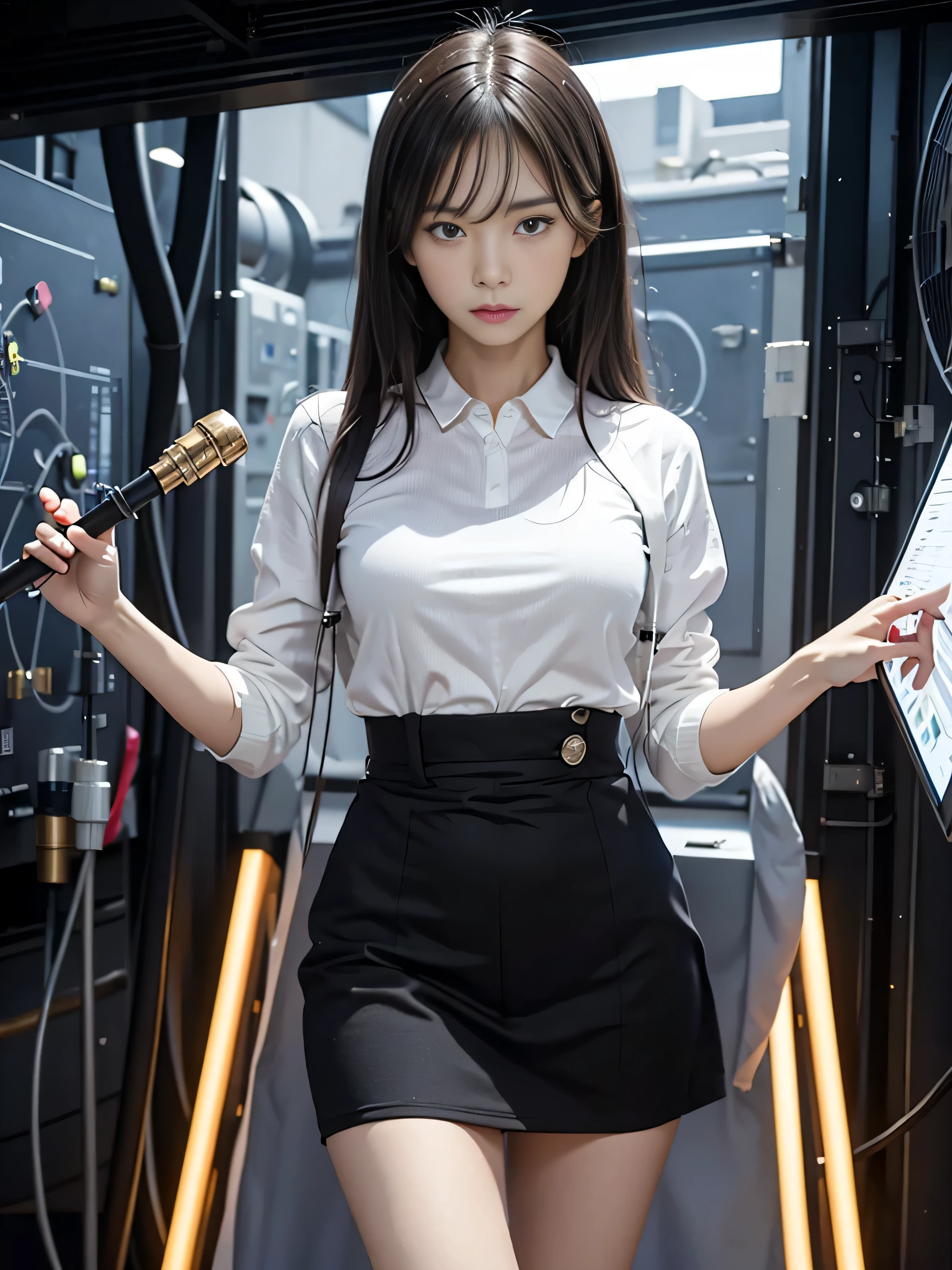 Technician dressed as a black-haired young woman with a serious expression, the background is a large scientific observatory with many large screens and staff