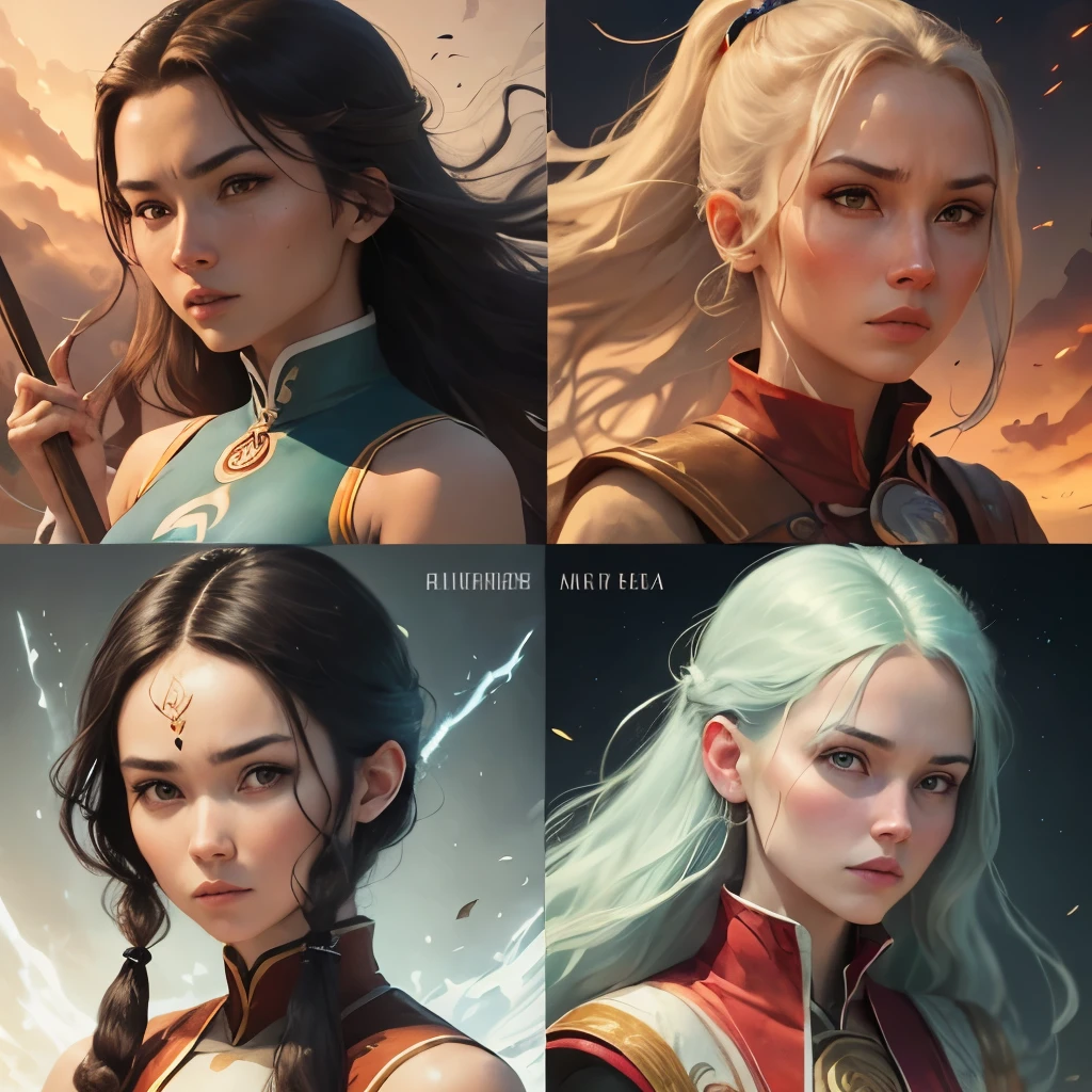 Portrait for 4 woman, woman 1 (at top water bender), woman 2 ( at right earthbender),woman 3 (at left airbender) woman 4 at bottom (firebender) inspired by series avatar the last airbender
