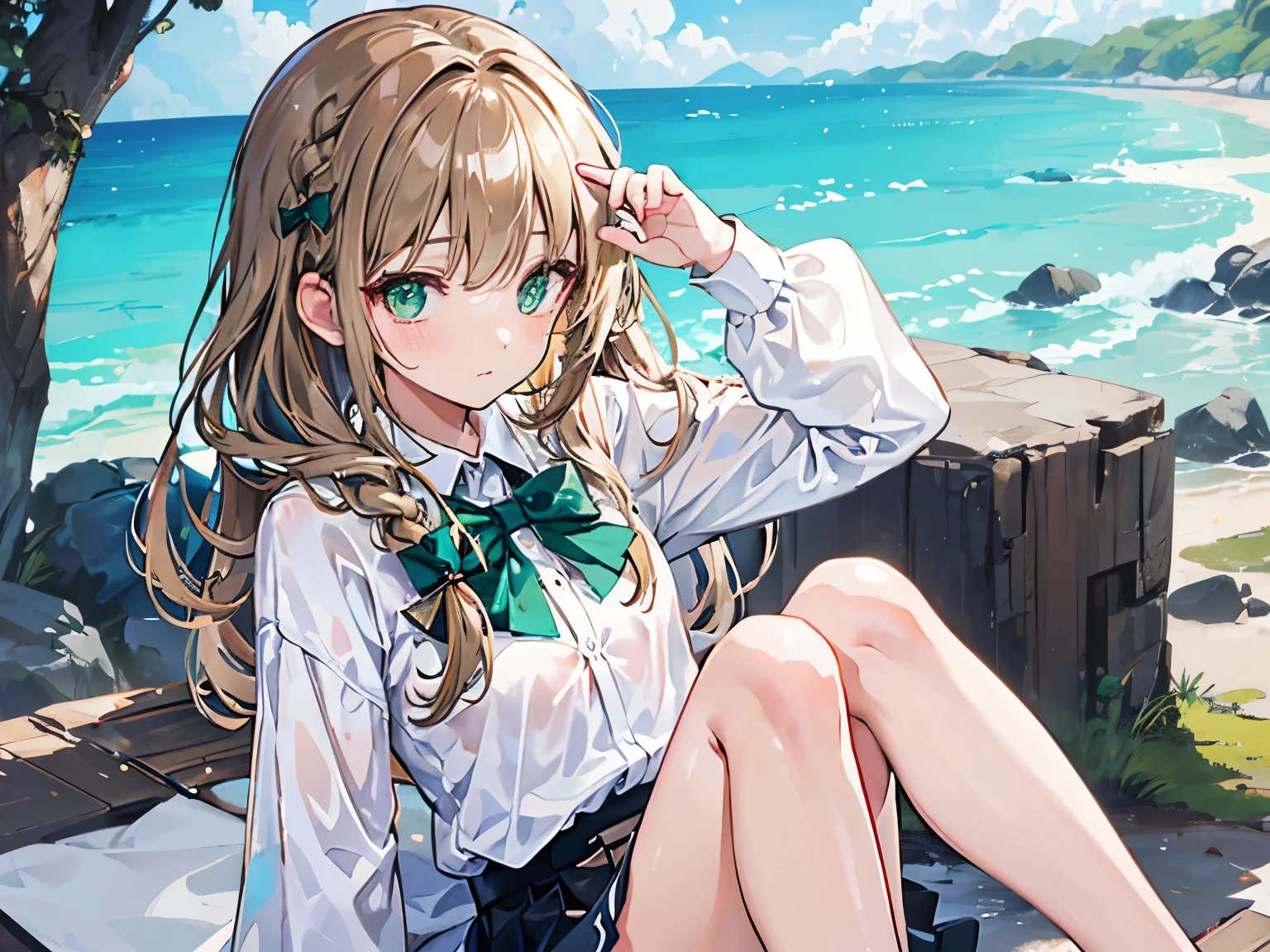 light brown hair girl, shyุ 25 ปี, fit, light green eyes, long hair,Green braid tied in bows left and right........small breasts, Wear a white shirt.....wet, Wear a black miniskirt..... From America...,(shy).....The background is a sandy beach... Picture R18