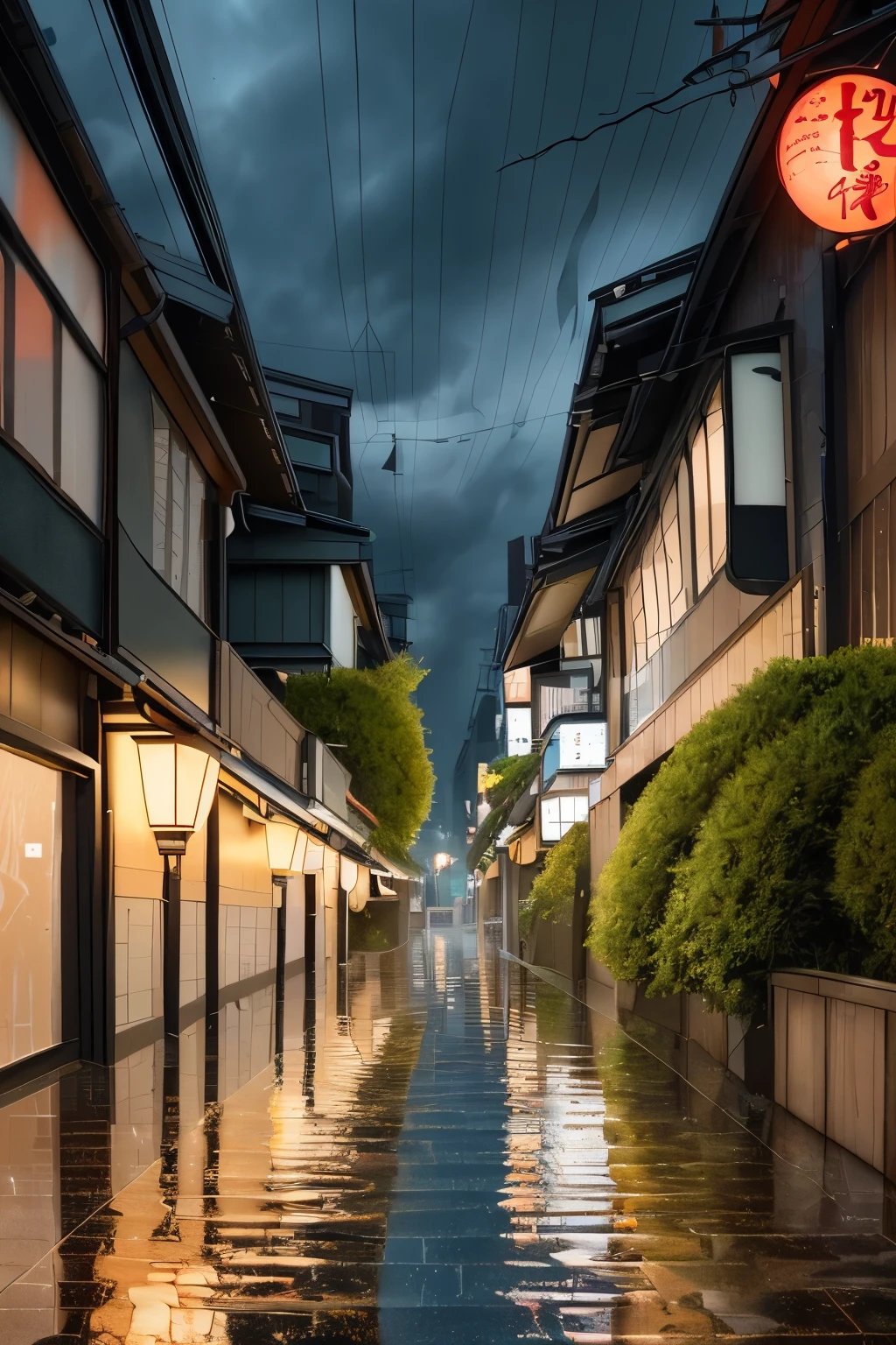 A stunning digital painting of a rainy evening in Tokyo city fills the canvas. The alleyway is adorned with vibrant bushes and the wet pavement reflects the glistening look of the rainfall. Every intricate detail is brought to life in high definition, allowing the viewer to immerse themselves in the beauty of the scenery. The clouds above add a touch of drama to the already breathtaking artwork. With its rich picturesque colors and highly detailed digital painting, this piece is a true masterpiece. It is a beautiful illustration that captures the essence of a rainy day in Tokyo with its water reflections and the captivating atmosphere it creates. The 4K HD resolution enhances the viewing experience, showcasing the immense talent and skill of the artist. Truly, a stunning and gorgeous digital artwork that is