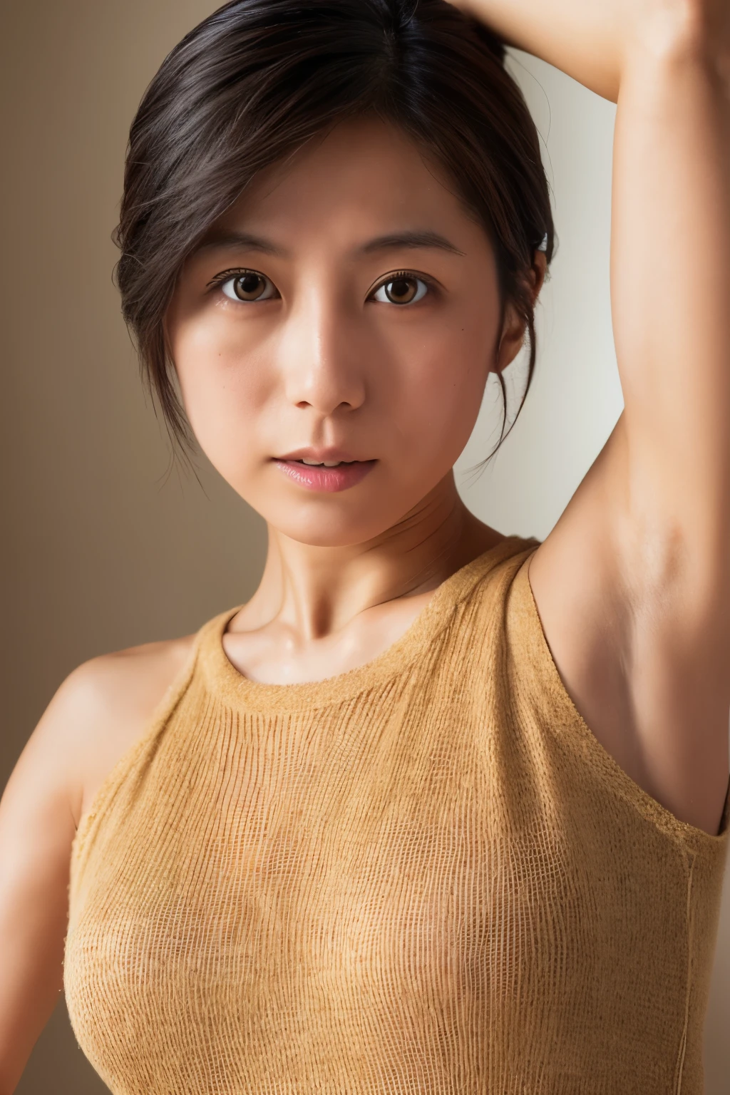 Ultra Real, High Definition, 8K, High Definition, Best Photo, Skinny Japanese lady, Beautiful Detailed Eyes, Best Quality, Ultra Detail, Masterpiece, Detailed Face, Sweaty, Upper Body Up, Armpits, Short Hair, Sleeveless Sweater, Alone, Small breasts, Camel toe