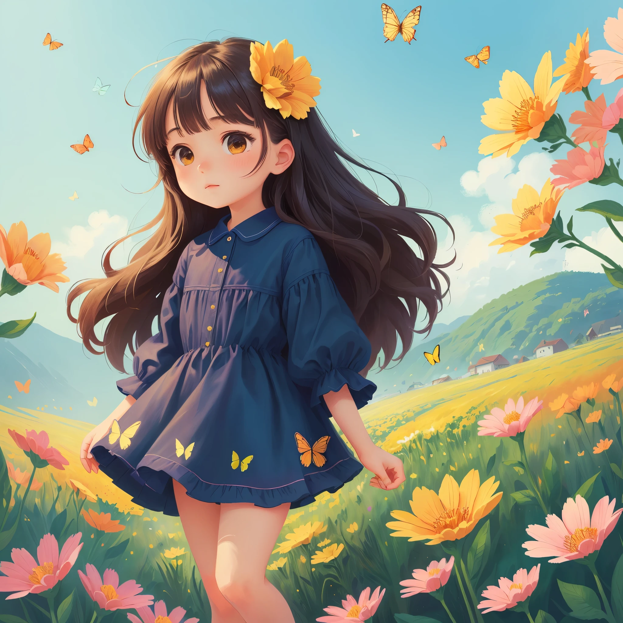 (best quality, masterpiece), 1 girl , wind, in a field of blooming flowers,（surrounded by flowers），Butterflies flying，（Sea of flowers）,flower field，Densely packed flowers， Bright and delicate flowers，Close-up of flowers， cartoon, colorful，