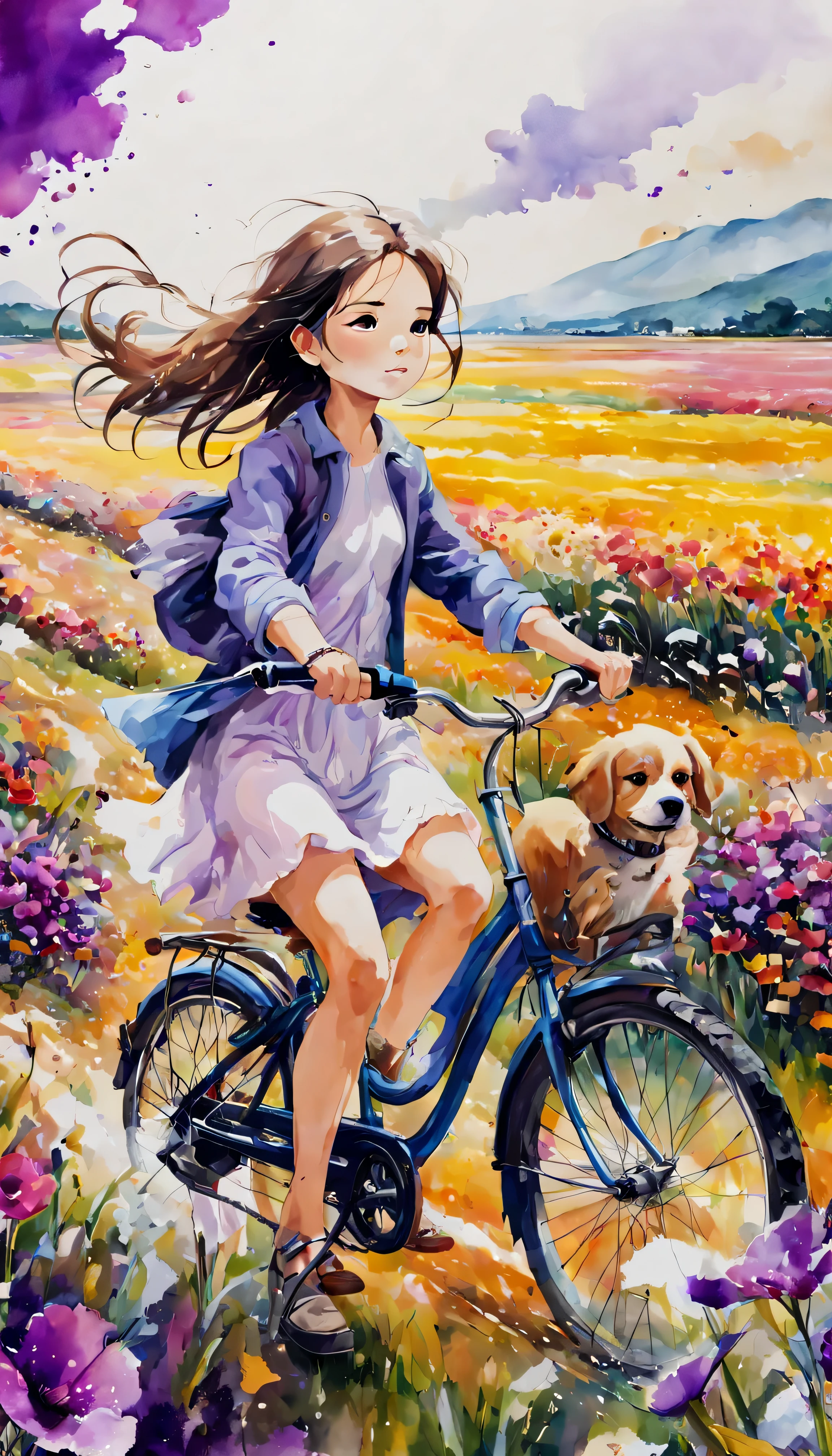 Sea of flowers/Sea of flowers/Sea of flowers.The wind blows through the purple fields.spring field scenery.Closeup of beautiful girl riding bicycle.Followed by a puppy.watercolor、Splash technology recreates the mud atmosphere in wet environments、unique ingredients、abstract representation、Contains surreal elements、light tone.light gold color scheme、high resolution细节、ink splash effect、Bright and fresh colors.consist of.(best quality,4k,8k,high resolution,masterpiece:1.2),super detailed,There are clear and plump rice ears in the foreground.