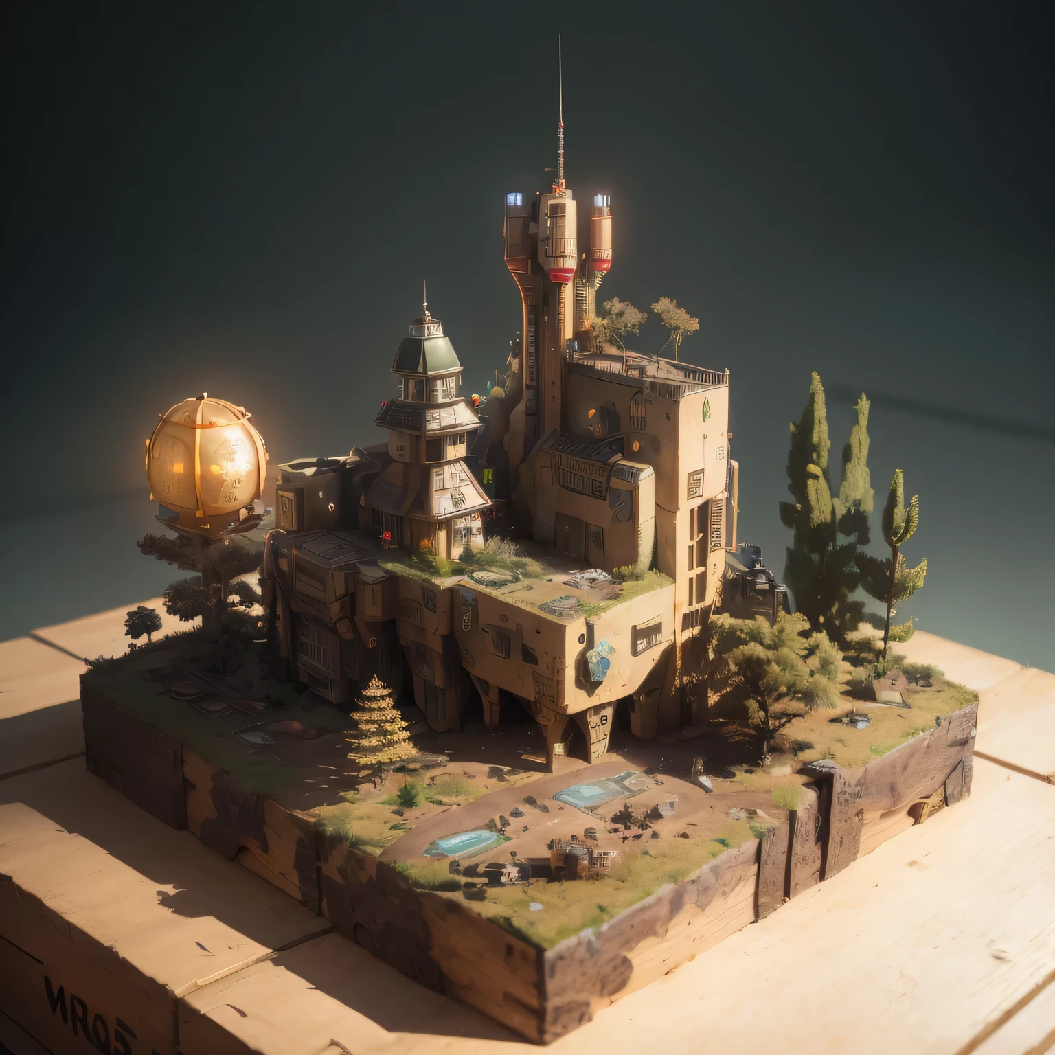 3598年Mars realistic model, (split ends, original photo, best quality, masterpiece:1.4),Steampunk Cyberpunk 6820 City,(CyberpunkMars light:1.3), Mars (related to land),(in a small nature box:1.3),Isometric, small nature, landscape on foundation,landscape,