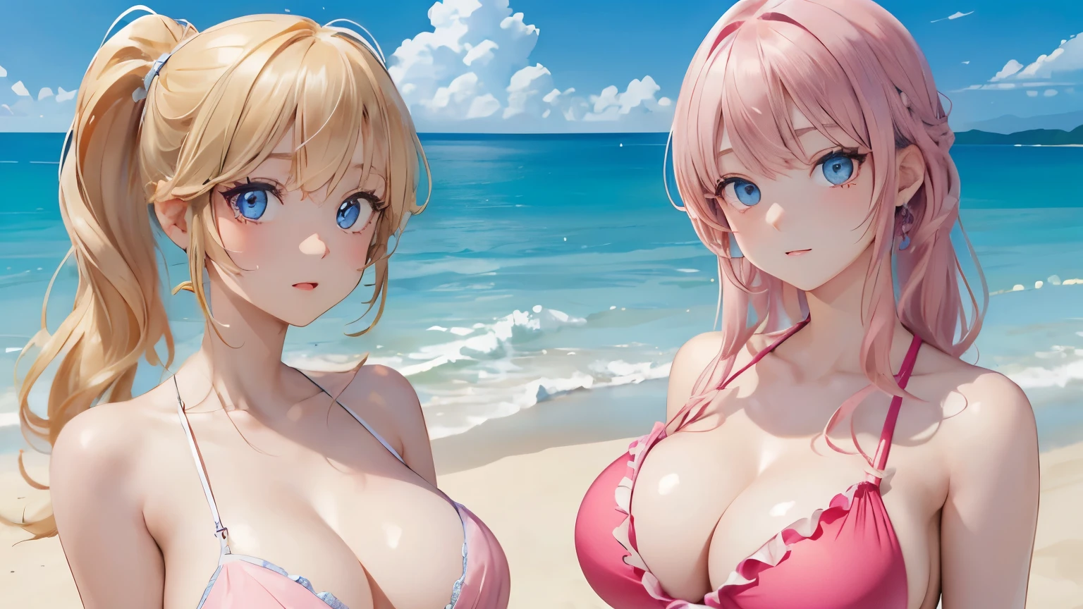 (masterpiece:1.2), (highest quality:1.2),, Curvy but slender body, perfect eyes, perfect face, perfect lighting, 2 girls, on the beach, （playing beach volleyball），（pink bikini），（ruffle bikini），（full body shot），（ponytail），（smile），curly hair, fine clothes, detailed outdoor background, compensate, eye shadow, thick eyelashes, fantasy, looking at the viewer, whole body、blue sky、Bright and very beautiful face、young shiny glossy white shiny skin、the best beauty、the most beautiful bright blonde hair in the world、thin hair、long hair、Shining beautiful bangs、big shining blue eyes、Very beautiful and lovely 18 years old, the most beautiful girl in the world、big breasts