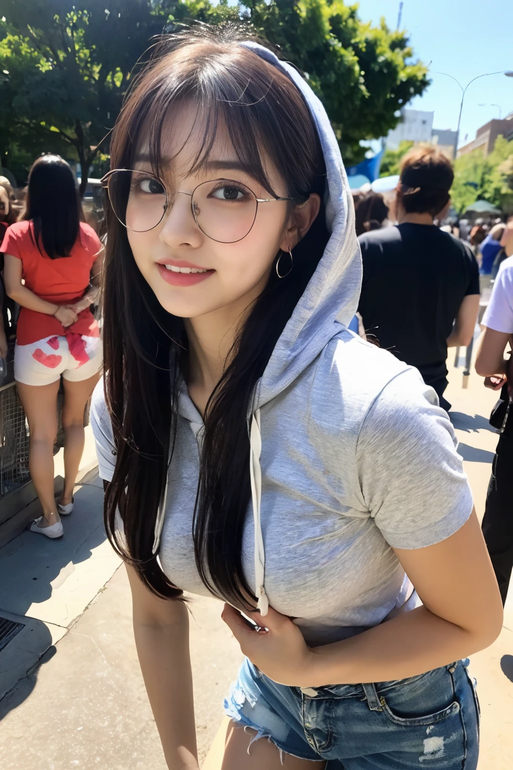 (8k, RAW photo, highest quality, masterpiece: 1.2), ultra detailed, ultra high resolution, (realistic, realistic photos: 1.37), High-definition RAW color photo, low rise panties, bsdm, professional photos, very delicate and beautiful, highly detaileded 8k wallpaper, wonderful, detailed, huge file size, official art, highly detaileded CG Unity 8k wallpaper, very detaileded beautiful girl, very detaileded face, very detaileded eyes, Very detaileded skin, very detaileded fingers, very detaileded nose, very detaileded mouth, perfect anatomy, very detaileded background, very detaileded clothes, 1 girl, (18-year-old: 1.2), teenager, cute girl, famous japanese idol, cute, (small: 1.2), realistic body, , Fair skin, shiny skin, slender body shape, good figure, black hair, long straight hair, (dull bangs: 1.2), smile, cute, young, cute face, baby face, realistic face, beautiful detaileded eyes, droopy eyes, beautiful big eyes, big black eyes, beautiful clear eyes, (hoodie: 1.2), short sleeve, shorts, thighs, necklace, earrings, Looking at the viewer, cowboy shot, Front view, Standing position, contrap post, outdoors, public, crowd, dynamic lighting, Glasses