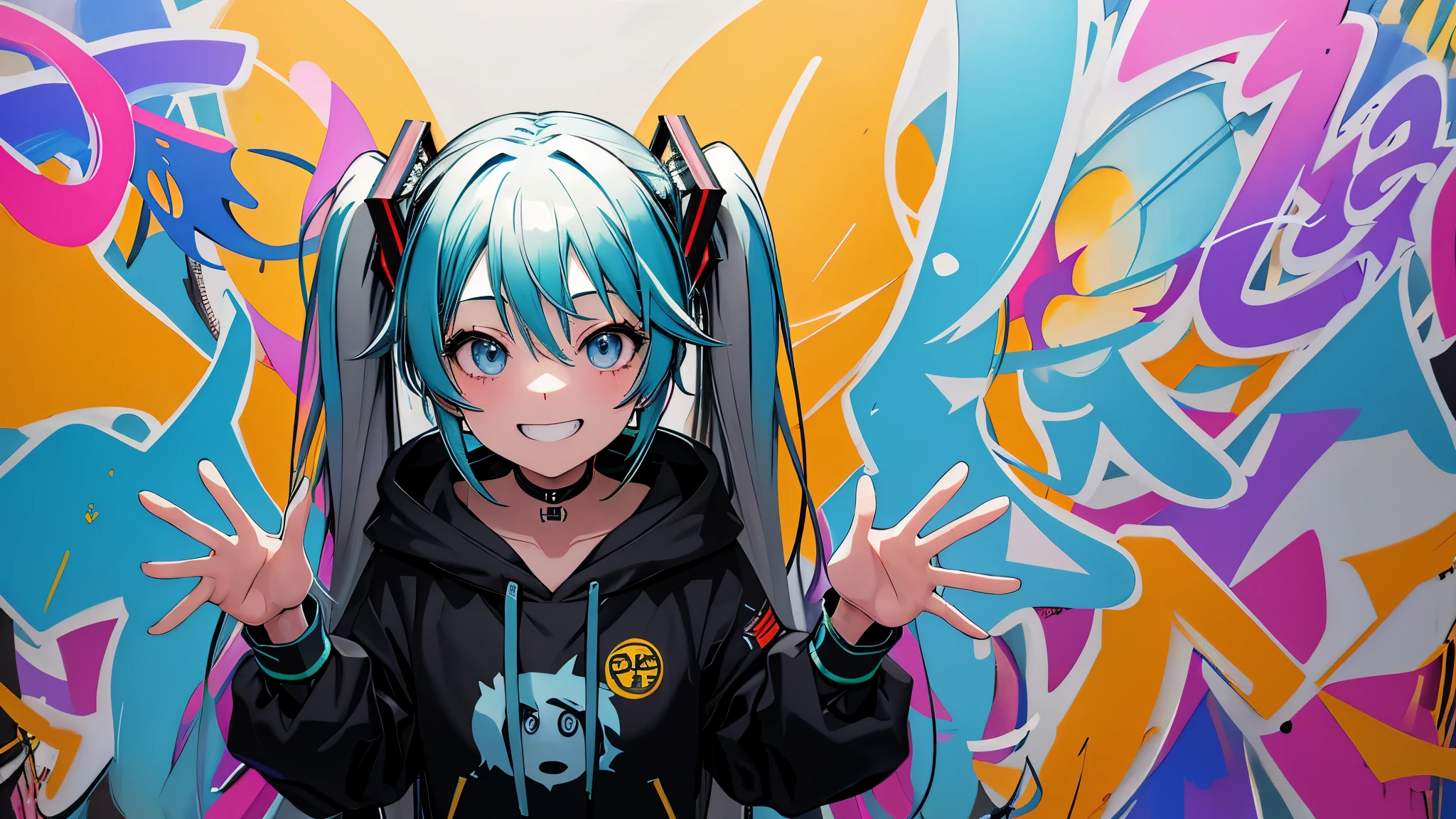 masterpiece, high quality, High resolution,hatsune miku,twin tails,Super detailed, 8k, 1 girl,A big smile,grin eyes,body whole,dynamic pose,platinum gray hair, blue hair, colorful hair, gradient hair, looking at the viewer, colorful eyes, colorful hoodie, (graffiti mural wall background:1.15), vivid colorful paintings, bloom, portrait, cross ornament, (close:1.2),from diagonally above