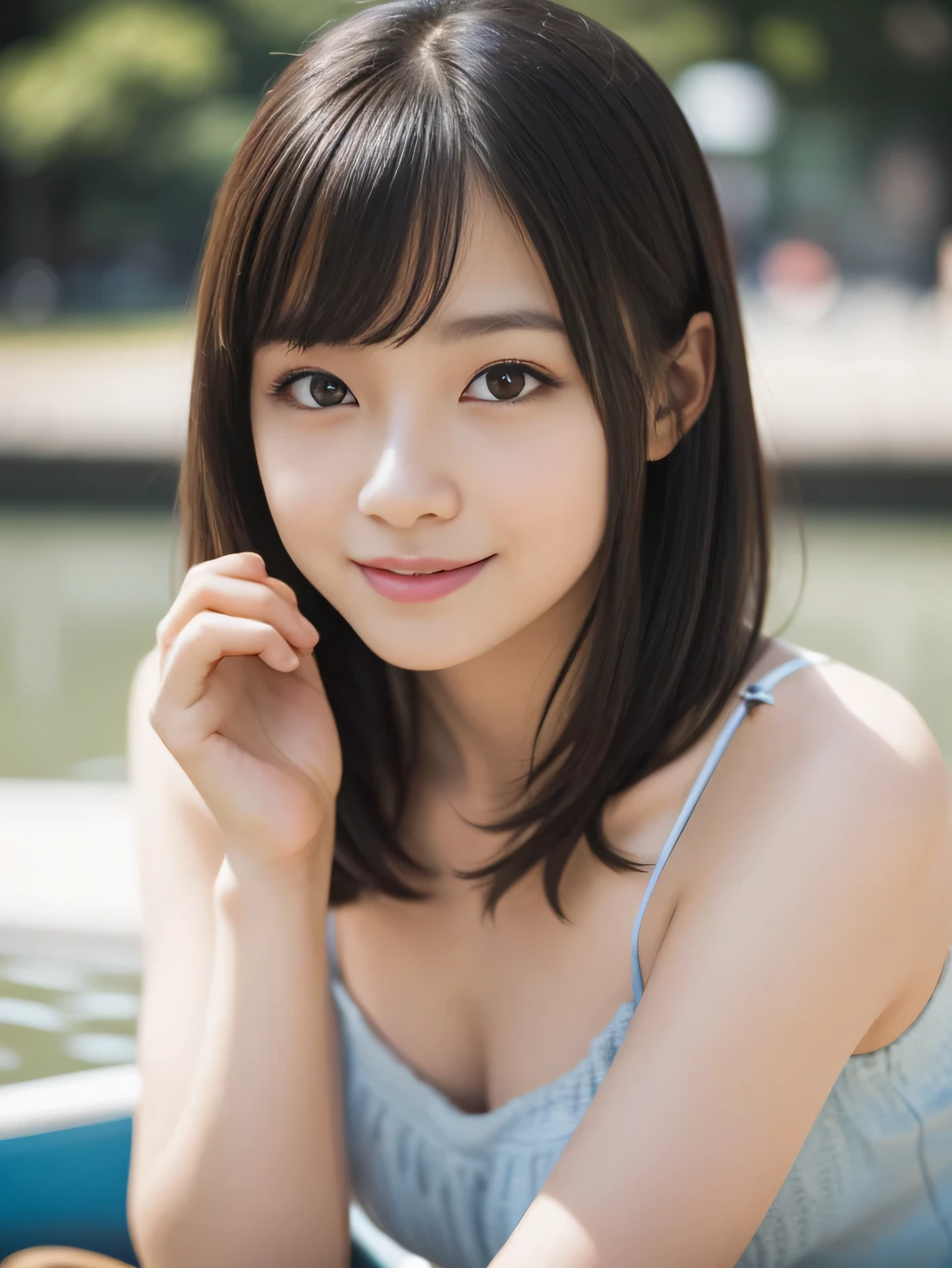 one young girl, so beautiful, (very cute), (Highly detailed beautiful face), wonderful face and eyes, black haired, brown eyes, drooling eyes、no makeup、(camisole dress) , (highest quality:1.4), (Super detailed), 8K wallpaper that integrates high-definition CG, surreal, (Photoreal:1.3), RAW photo, professional photos, cinematic lighting, realistic portrait, (:1.3), ((Bokeh)), written boundary depth, looking here、************、(Inokashira Park、Inokashira Pond、boat)、Full body Esbian、smile a little、beautiful feet、85ｍM prime lens f1.2