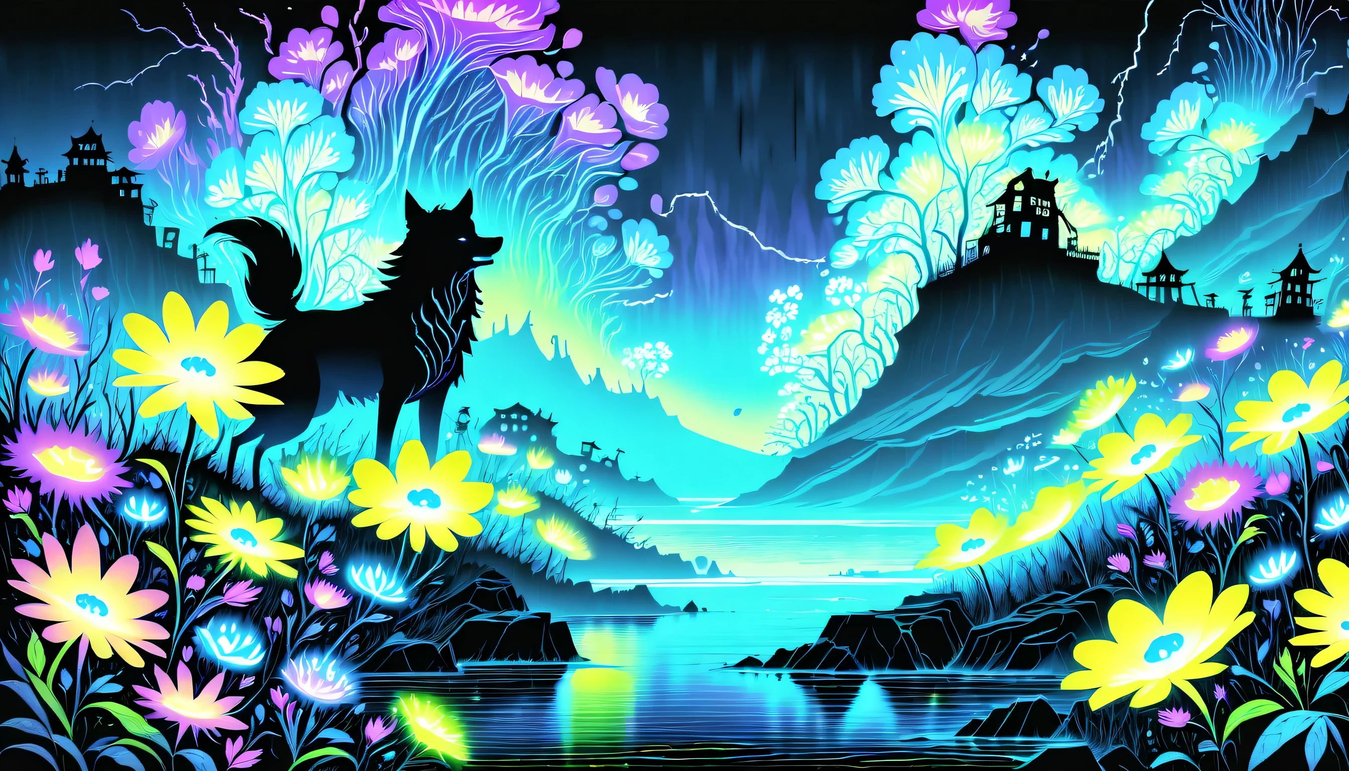 (((An otherworldly sea of glowing bioluminescent flowers:1.3))), (((petals floating in the sea:1.3))), A sea of vibrant wildflowers, vortex bioluminescent wolf cub, calm delicate sea, swaying in the wind, Each petal is a unique burst of fantastic color, intricate designs and reflections, Heavy rain fell, in the late night hours, The intensity and drama of this moment, A thunderstorm raged through the cursed abandoned village., Hauntingly beautiful eerie atmosphere, Collapse and mysterious collapsed buildings, Illuminate the roadside with a flash of lightning, confusion and danger, thick fog acting barrier, Visually descriptive and detailed manner painting, magical mysterious scene, radiance of energy and power, Add grunge style, (((Stunning highly intricate detailed illustration:1.3))),