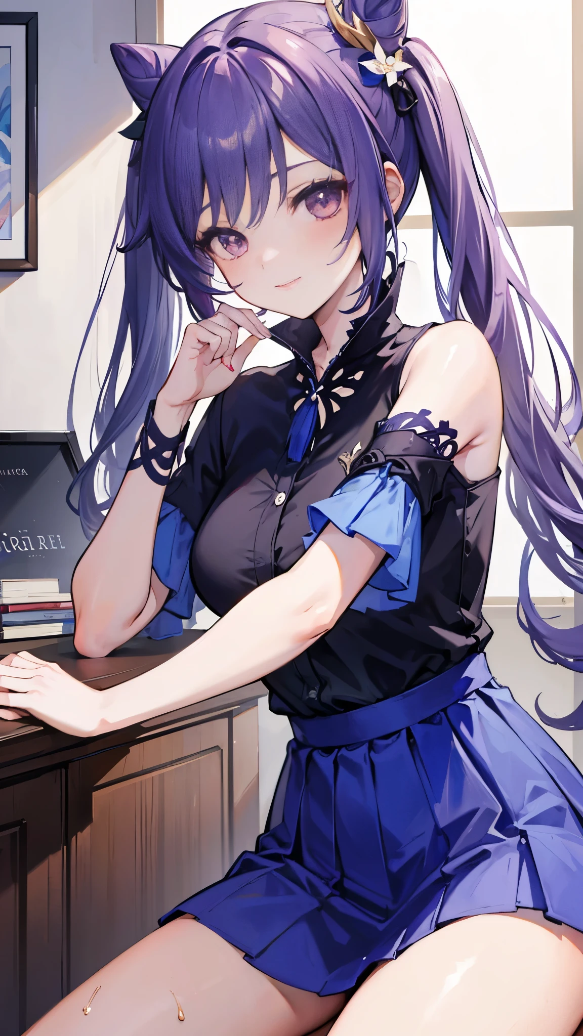 (masterpiece)1 girl, Guest Secretary, Genshin Impact, best quality, expressive eyes, perfect face, upper body size, Smile, blush, Wearing an office shirt and getting wet, indoors, sky, simple background, lie down, watching , 明亮的sky空, watching at viewer, stairs, Moody's Lighting