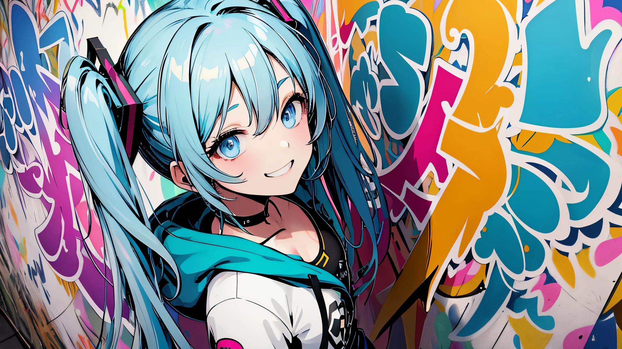 masterpiece, high quality, High resolution,hatsune miku,twin tails,Super detailed, 8k, 1 girl,A big smile,grin eyes,body whole,dynamic pose,platinum gray hair, blue hair, colorful hair, gradient hair, looking at the viewer, colorful eyes, colorful hoodie, (graffiti mural wall background:1.15), vivid colorful paintings, bloom, portrait, cross ornament, (close:1.2),from above