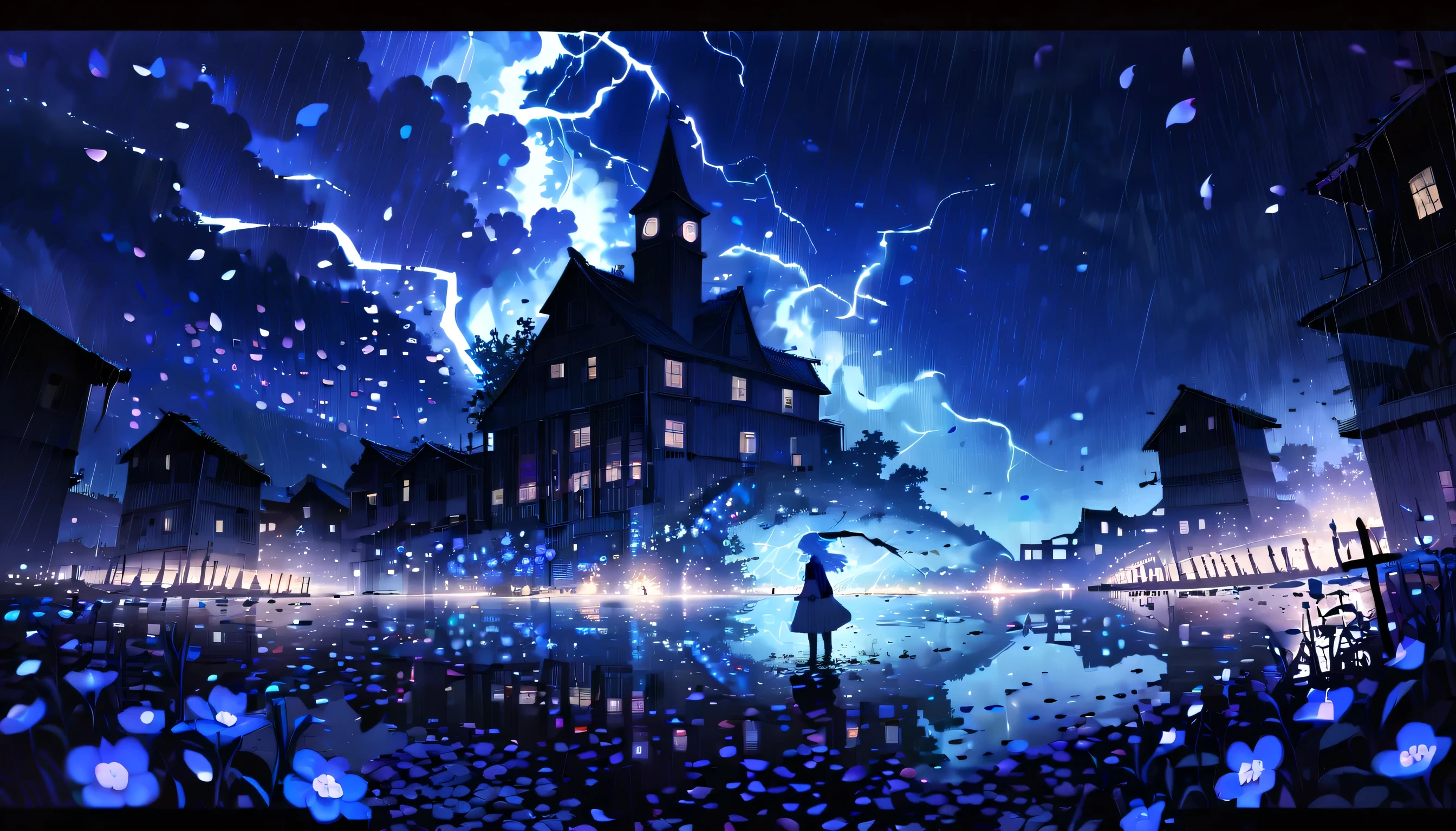 (((An otherworldly sea of glowing bioluminescent flowers:1.3))), (((petals floating in the sea:1.3))), A sea of vibrant wildflowers, vortex bioluminescent wolf cub, calm delicate sea, swaying in the wind, Each petal is a unique burst of fantastic color, intricate designs and reflections, Heavy rain fell, in the late night hours, The intensity and drama of this moment, A thunderstorm raged through the cursed abandoned village., Hauntingly beautiful eerie atmosphere, Collapse and mysterious collapsed buildings, Illuminate the roadside with a flash of lightning, confusion and danger, thick fog acting barrier, Visually descriptive and detailed manner painting, magical mysterious scene, radiance of energy and power, Add grunge style, (((Stunning highly intricate detailed illustration:1.3))),
