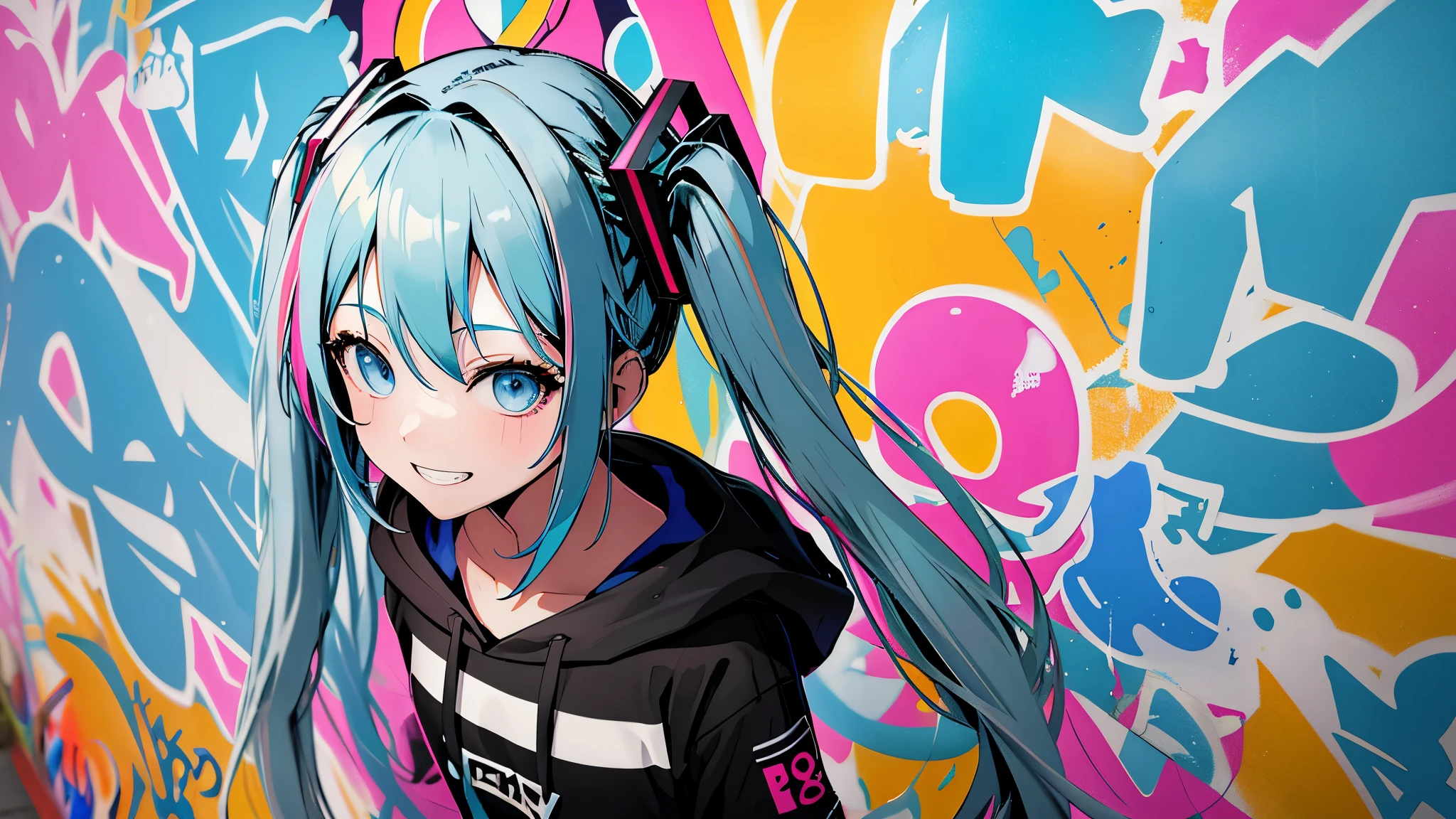 masterpiece, high quality, High resolution,hatsune miku,twin tails,Super detailed, 8k, 1 girl,A big smile,grin eyes,body whole,dynamic pose,platinum gray hair, blue hair, colorful hair, gradient hair, looking at the viewer, colorful eyes, colorful hoodie, (graffiti mural wall background:1.15), vivid colorful paintings, bloom, portrait, cross ornament, (close:1.2),from above