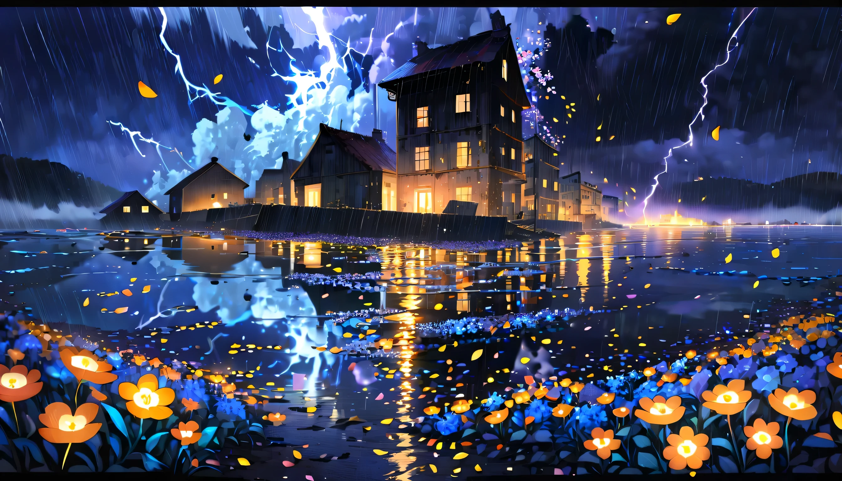 (((An otherworldly sea of glowing bioluminescent flowers:1.3))), (((petals floating in the sea:1.3))), A sea of vibrant wildflowers, (((Sparkle woman with intricate detail swirl background:1.2))), calm delicate sea, swaying in the wind, Each petal is a unique burst of fantastic color, intricate designs and reflections, Heavy rain fell, in the late night hours, The intensity and drama of this moment, A thunderstorm raged through the cursed abandoned village., Hauntingly beautiful eerie atmosphere, Collapse and mysterious collapsed buildings, Illuminate the roadside with a flash of lightning, confusion and danger, thick fog acting barrier, Visually descriptive and detailed manner painting, magical mysterious scene, radiance of energy and power, Add grunge style, (((Stunning highly intricate detailed illustration:1.3))), 