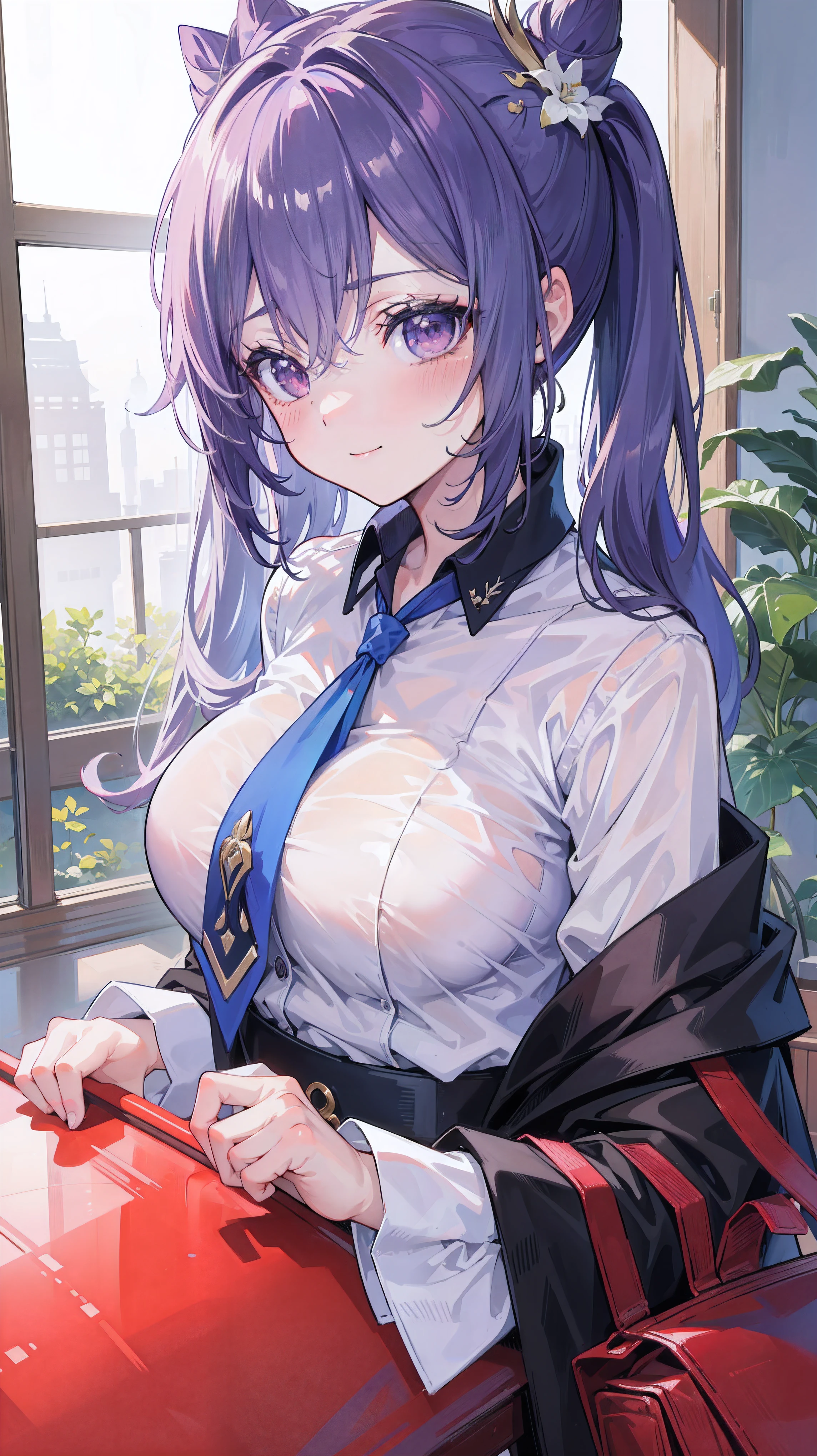 (masterpiece)1 girl, guest secretary, Genshin Impact, best quality, expressive eyes, perfect face, Upper body size, Smile, blush, Wearing an office shirt and getting wet, indoors, Sky, simple background, lie, watch , 明亮的Sky空, watch at viewer, stairs, Moody's Lighting
