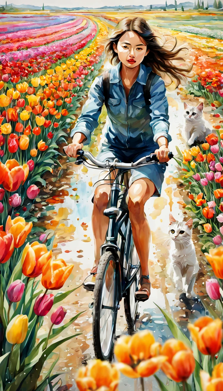 sea of flowers/Sea of flowers/sea of flowers.The wind blows the tulip fields.spring field scenery.Close-up of beautiful girl riding bicycle with cat.Followed by a puppy.watercolor、Splash technology recreates the mud atmosphere in wet environments、unique ingredients、abstract representation、Contains surreal elements、light tone.light gold color scheme、high resolution细节、ink splash effect、Bright and fresh colors.composed.(best quality,4k,8k,high resolution,masterpiece:1.2),super detailed,Clear tulips in the foreground.