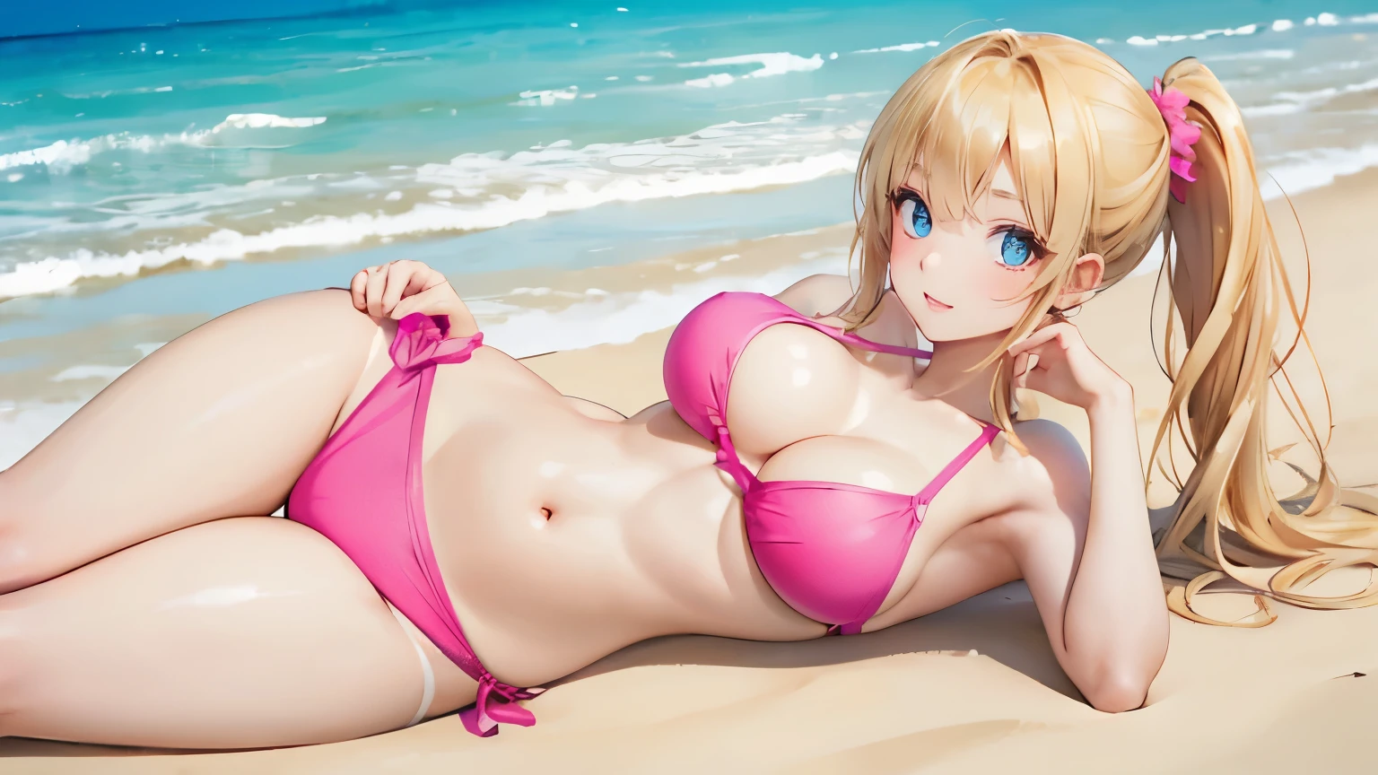 (masterpiece:1.2), (highest quality:1.2),, Curvy but slender body, perfect eyes, perfect face, perfect lighting, 1 girl, on the beach, （On your back），（pink bikini），（ruffle bikini），（full body shot），（ponytail），（smile），curly hair, fine clothes, detailed outdoor background, compensate, eye shadow, thick eyelashes, fantasy, looking at the viewer, whole body、blue sky、Bright and very beautiful face、young shiny glossy white shiny skin、the best beauty、the most beautiful bright blonde hair in the world、thin hair、long hair、Shining beautiful bangs、big shining blue eyes、Very beautiful and lovely 18 years old, the most beautiful girl in the world、big breasts