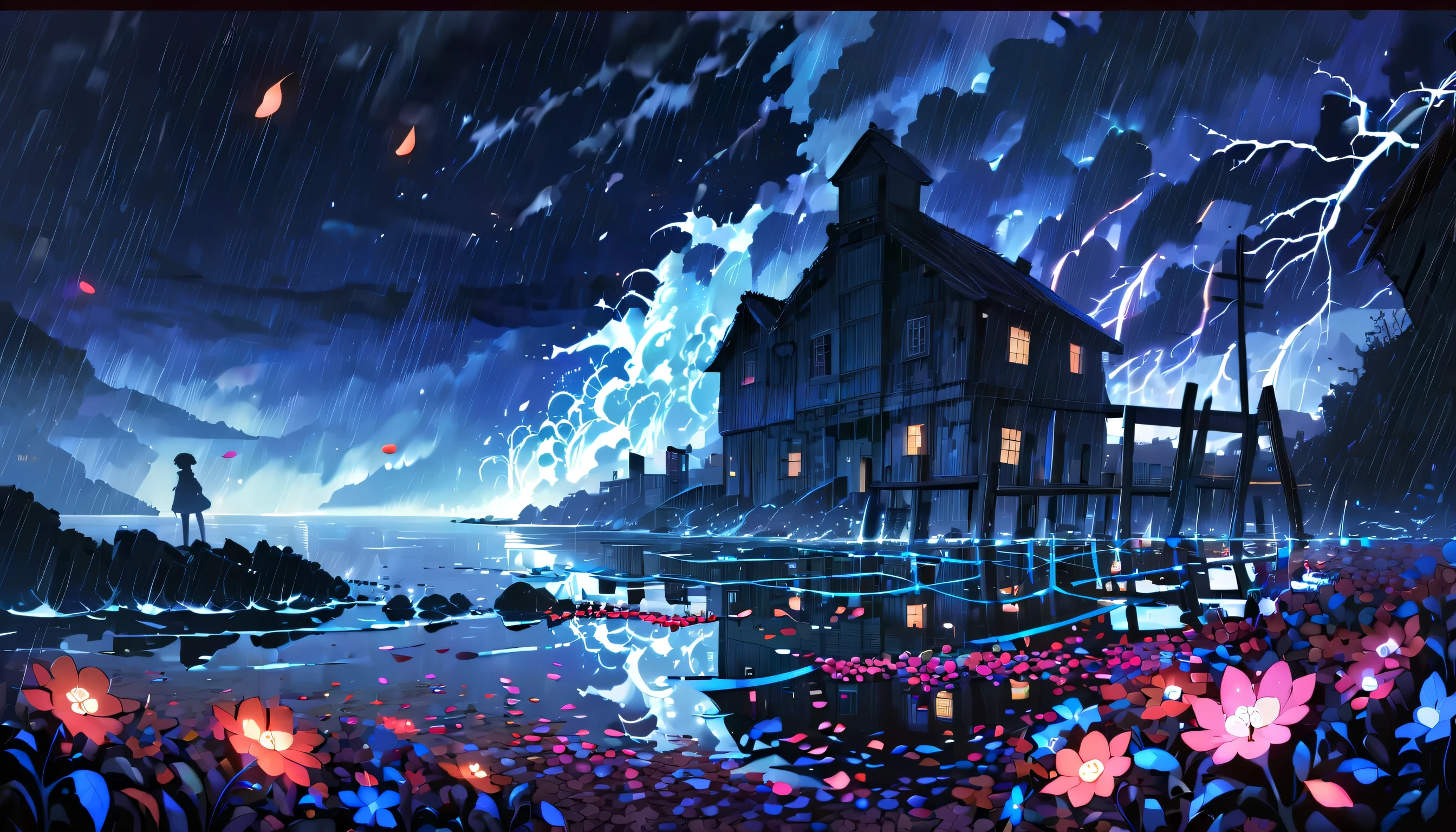 (((An otherworldly sea of glowing bioluminescent flowers:1.3))), (((petals floating in the sea:1.3))), A sea of vibrant wildflowers, (((Sparkle woman with intricate detail swirl background:1.2))), calm delicate sea, swaying in the wind, Each petal is a unique burst of fantastic color, intricate designs and reflections, Heavy rain fell, in the late night hours, The intensity and drama of this moment, A thunderstorm raged through the cursed abandoned village., Hauntingly beautiful eerie atmosphere, Collapse and mysterious collapsed buildings, Illuminate the roadside with a flash of lightning, confusion and danger, thick fog acting barrier, Visually descriptive and detailed manner painting, magical mysterious scene, radiance of energy and power, Add grunge style, (((Stunning highly intricate detailed illustration:1.3))), 