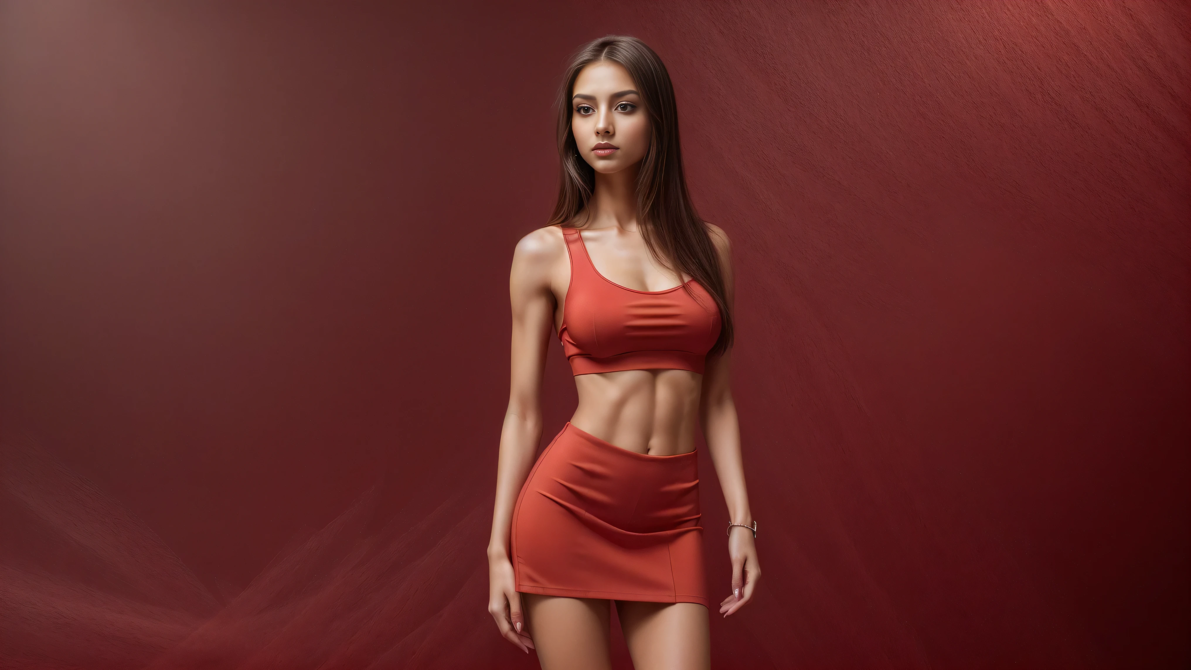 (best quality,4k,8k,highres,masterpiece:1.2),ultra-detailed,(realistic,photorealistic,photo-realistic:1.37),((1girl:1.9)), (((standing alone:1.9))), ((ars old)(sharp focus), (beautiful and aesthetic:1.2), [((Raiana-Elizabeth-Dilla:1.9))], (slim slender fit-muscled body:1.9), sporty-style fashion, (((sexy ((red:1.5)) shirt with ultra-short ((red:1.5)) miniskirt))), ((beautiful legs:1.5)),cleavage breasts,(large breasts:1.2),beautiful girl,graceful posture,serene expression,proud and confident girl,shining jewels,flowing dark-black hair,sparkling eyes,rosy cheeks,ethereal beauty,soft lighting,(abstract background:1.9),((whole-body-view:1.9)), ((full-body:1.9, cinematic shot)),girl of elegance,vivid colors,harmonious color palette,elegant composition,tranquil atmosphere,classic beauty,majestic presence,beauty personified