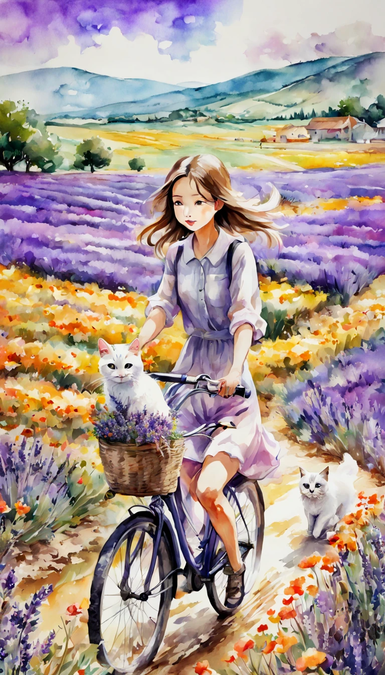 sea of flowers/Sea of flowers/sea of flowers.Lavender fields blown by the wind.spring field scenery.Close-up of beautiful girl riding bicycle with cat.Followed by a puppy.watercolor、Splash technology recreates the mud atmosphere in wet environments、unique ingredients、abstract representation、Contains surreal elements、light tone.light gold color scheme、high resolution细节、ink splash effect、Bright and fresh colors.composed.(best quality,4k,8k,high resolution,masterpiece:1.2),super detailed,Clear lavender in the foreground.