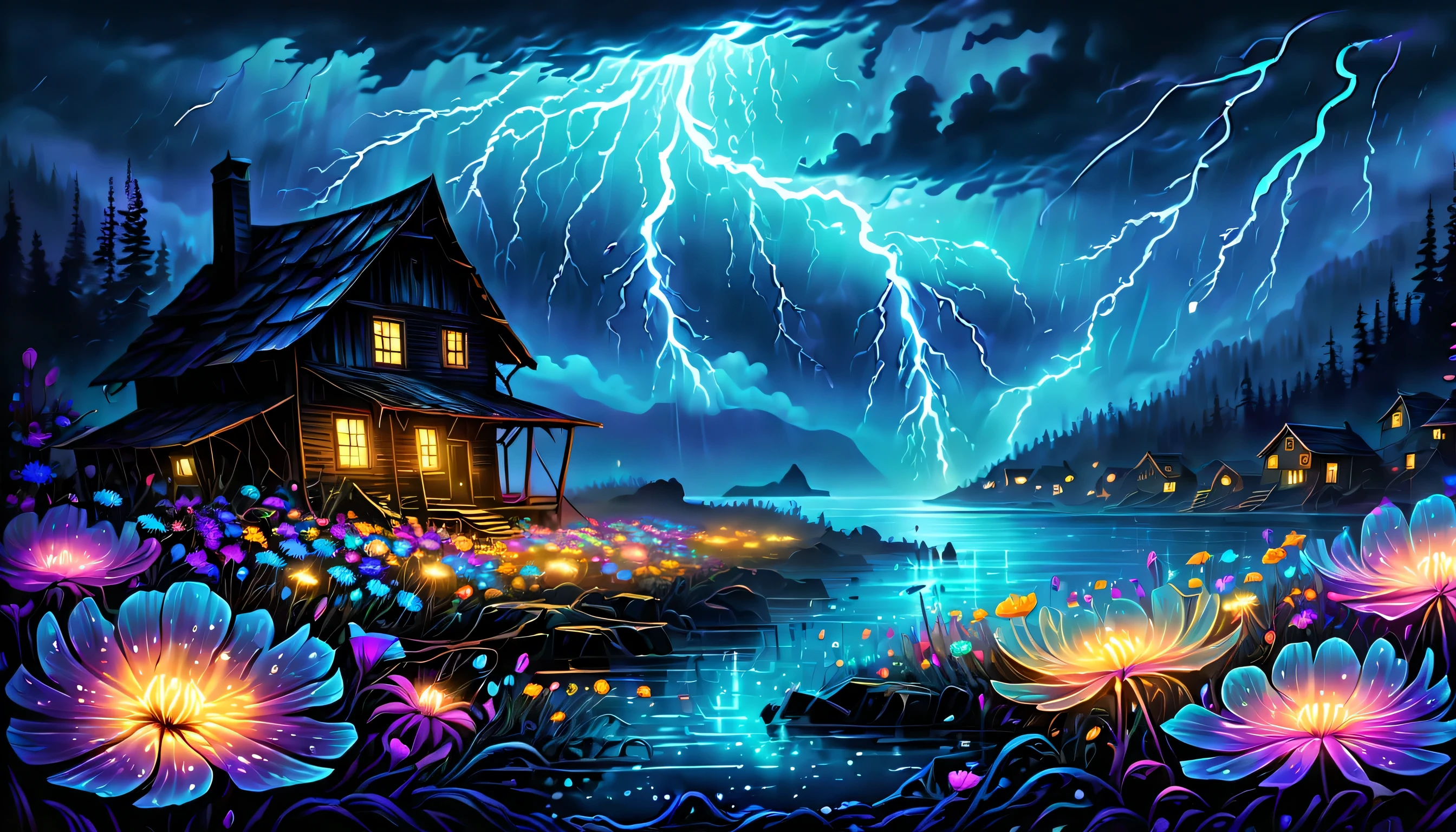 (((An otherworldly sea of glowing bioluminescent flowers:1.3))), (((petals floating in the sea:1.3))), A sea of vibrant wildflowers, vortex bioluminescent wolf cub, calm delicate sea, swaying in the wind, Each petal is a unique burst of fantastic color, intricate designs and reflections, Heavy rain fell, in the late night hours, The intensity and drama of this moment, A thunderstorm raged through the cursed abandoned village., Hauntingly beautiful eerie atmosphere, Collapse and mysterious collapsed buildings, Illuminate the roadside with a flash of lightning, confusion and danger, thick fog acting barrier, Visually descriptive and detailed manner painting, magical mysterious scene, radiance of energy and power, Add grunge style, (((Stunning highly intricate detailed illustration:1.3))),