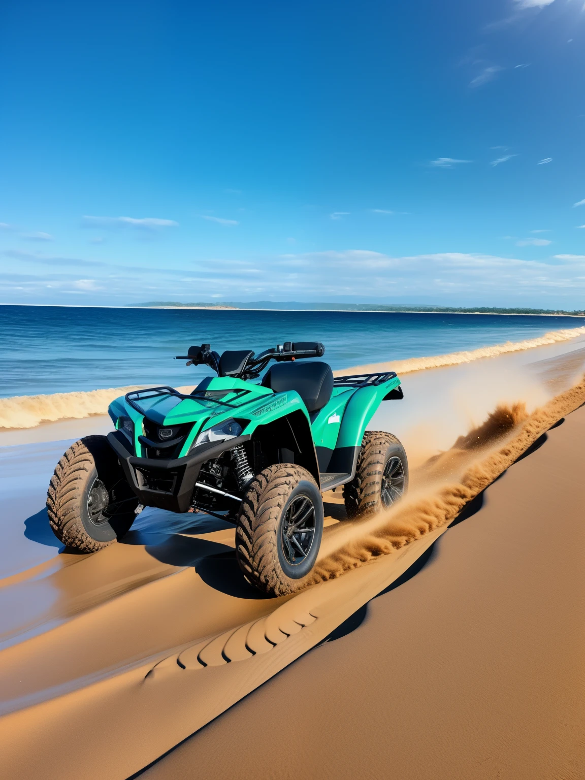 Beach quad bike, wide tires, powerful horsepower, sandy terrain stability, stylish design, adjustable seats, seat belts, masterpiece, ccurate, best quality, 8k