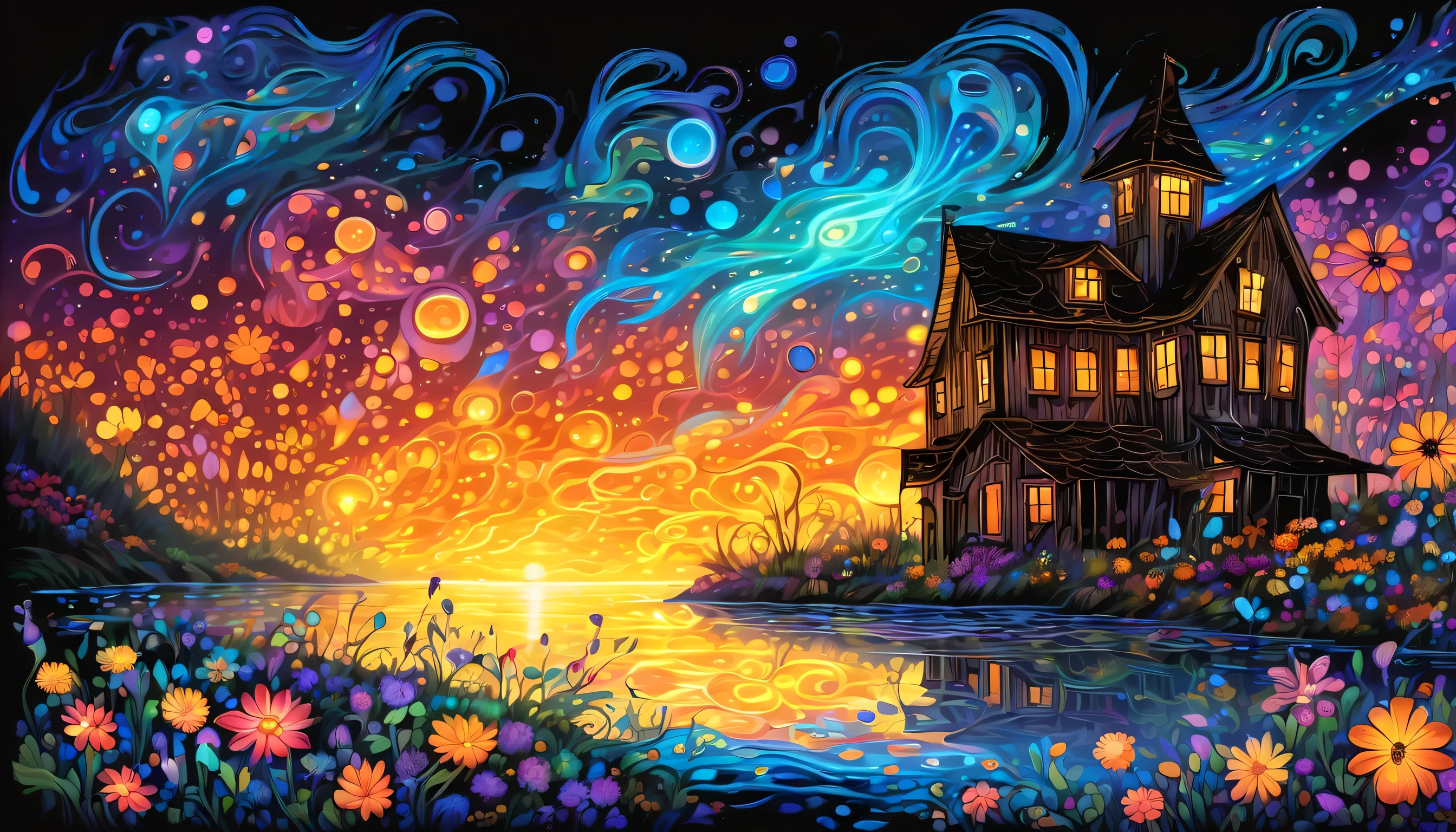 (((An otherworldly sea of glowing bioluminescent flowers:1.3))), (((petals floating in the sea:1.3))), A sea of vibrant wildflowers, vortex bioluminescent wolf cub, calm delicate sea, swaying in the wind, Each petal is a unique burst of fantastic color, intricate designs and reflections, Heavy rain fell, in the late night hours, The intensity and drama of this moment, A thunderstorm raged through the cursed abandoned village., Hauntingly beautiful eerie atmosphere, Collapse and mysterious collapsed buildings, Illuminate the roadside with a flash of lightning, confusion and danger, thick fog acting barrier, Visually descriptive and detailed manner painting, magical mysterious scene, radiance of energy and power, Add grunge style, (((Stunning highly intricate detailed illustration:1.3))),